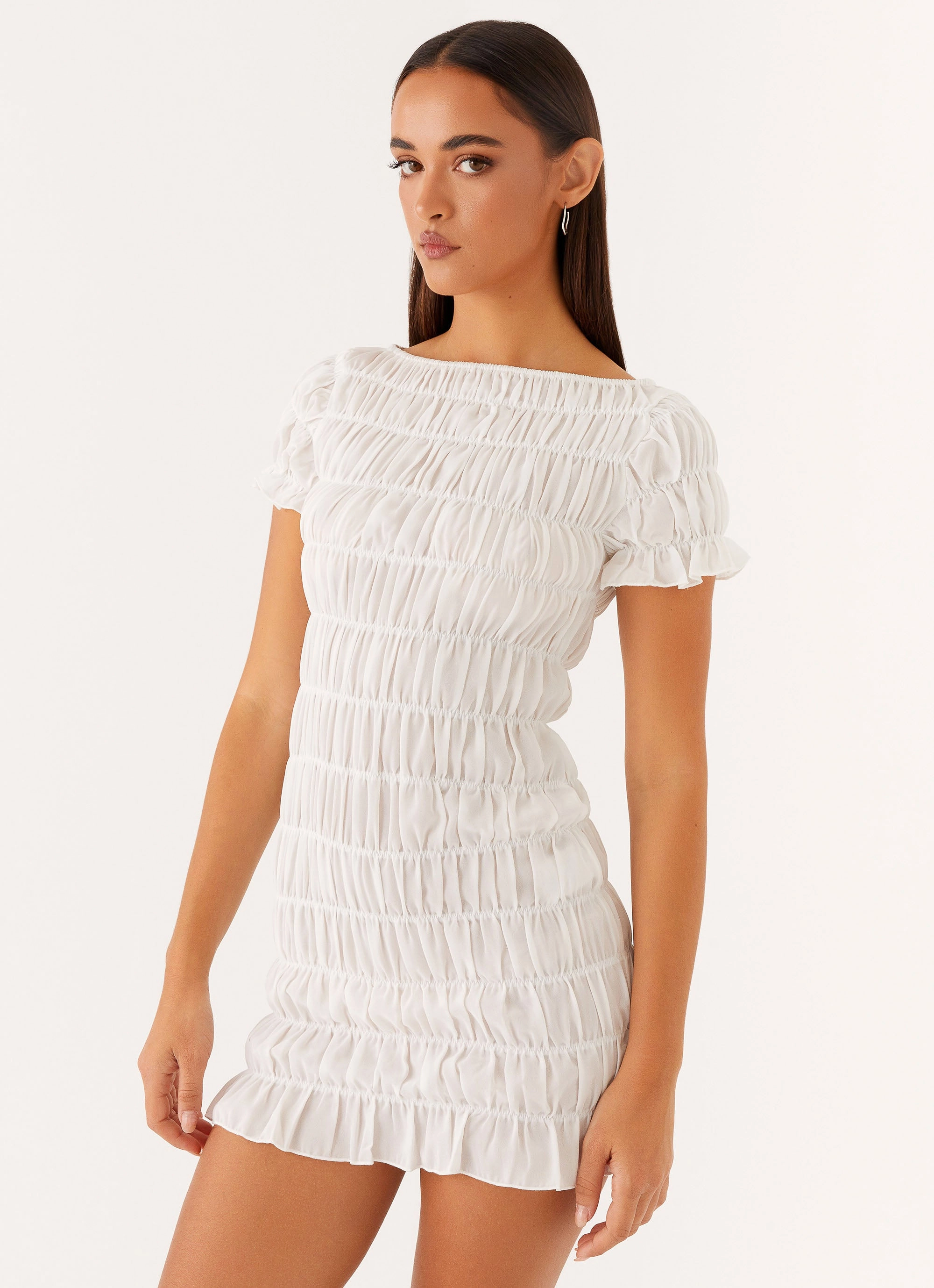 Rita Ruched Mini Dress - White Halter neck Soft Flow
