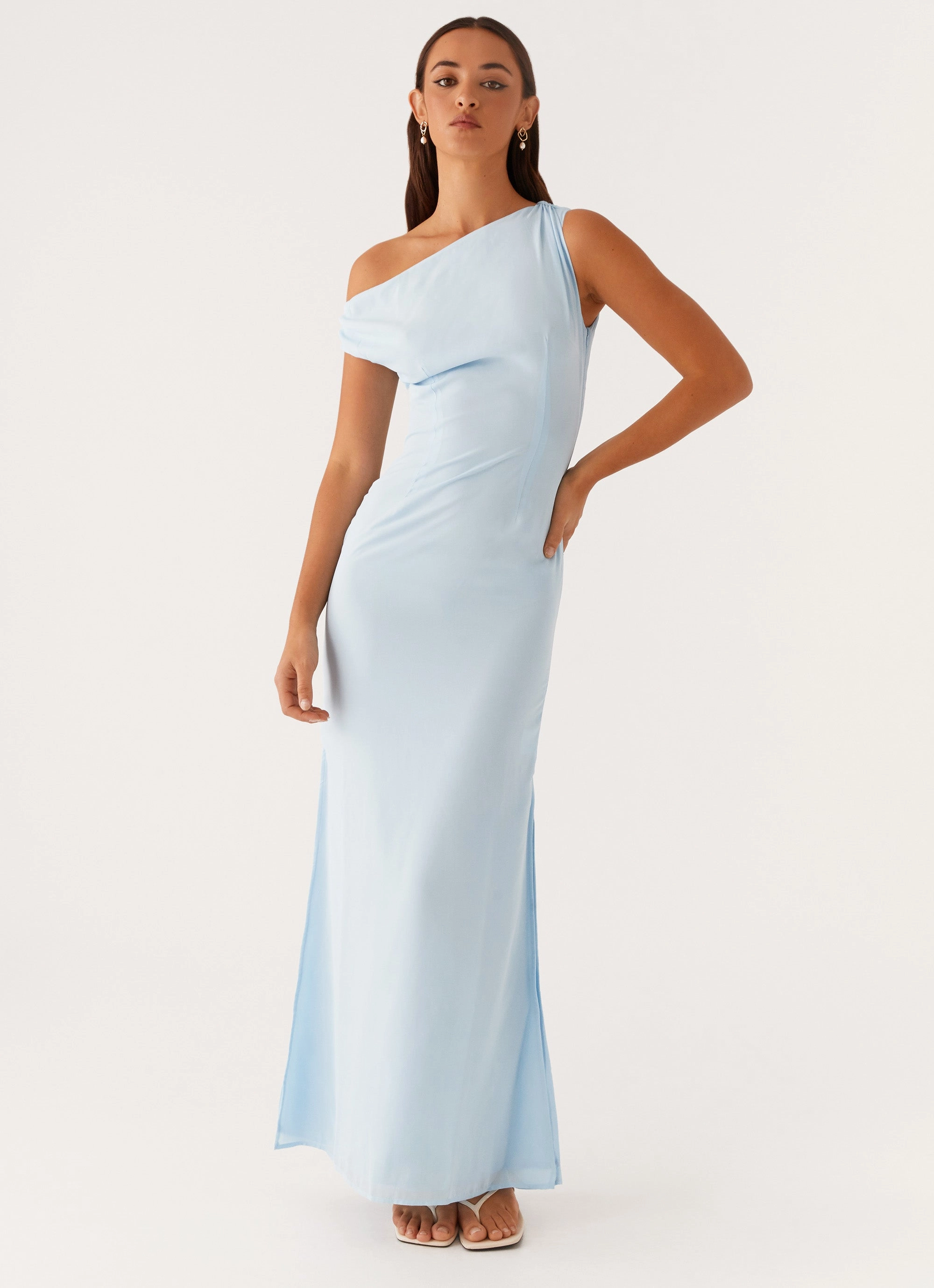 Dinner Date Maxi Dress - Blue Side-Zip Gathered Skirt