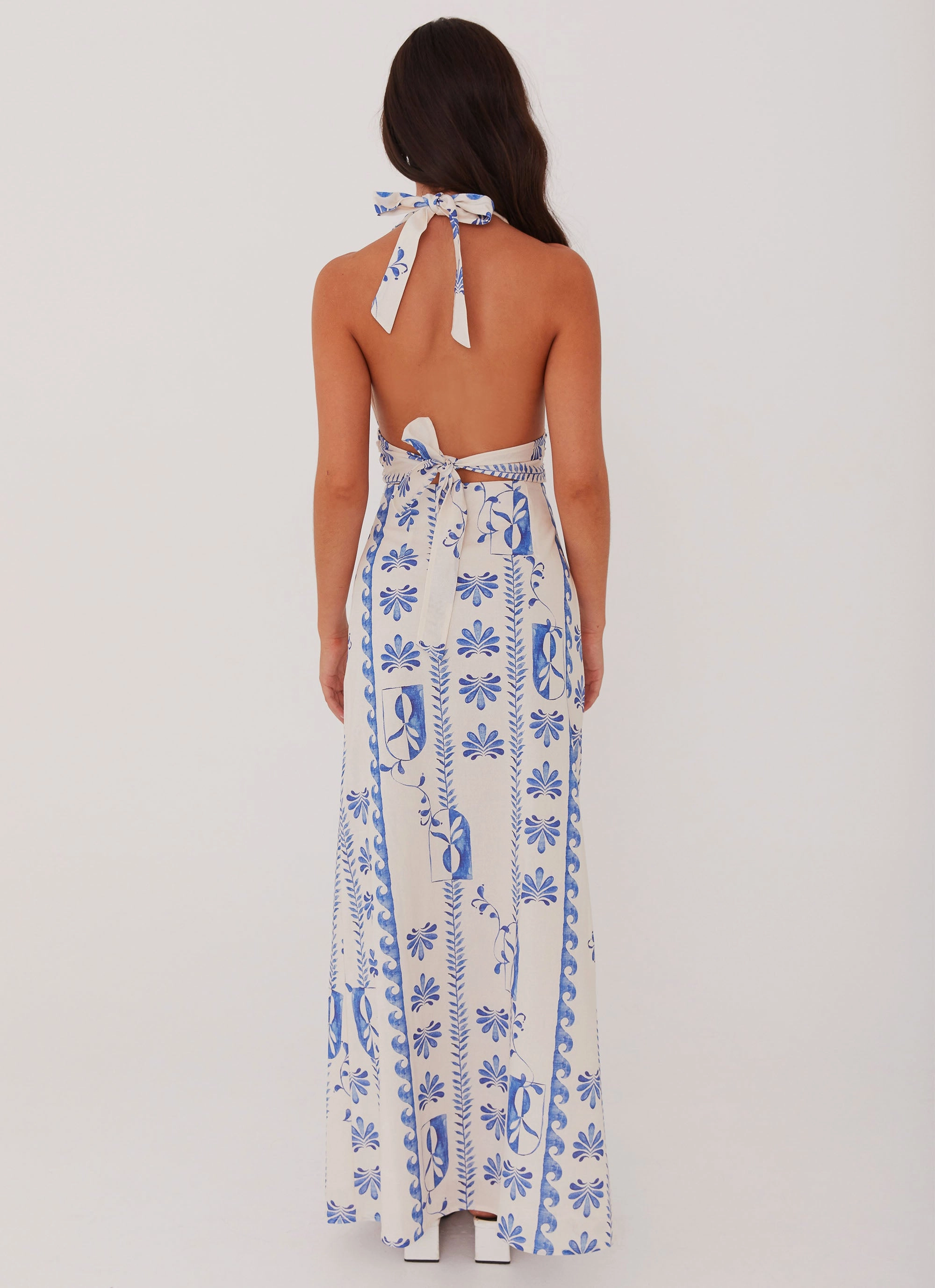 Minimalist fit-and-flare Flare Hem Sky Linen Maxi Dress - Floral Wave