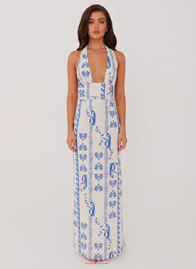Sky Linen Maxi Dress - Floral Wave Sleek Form