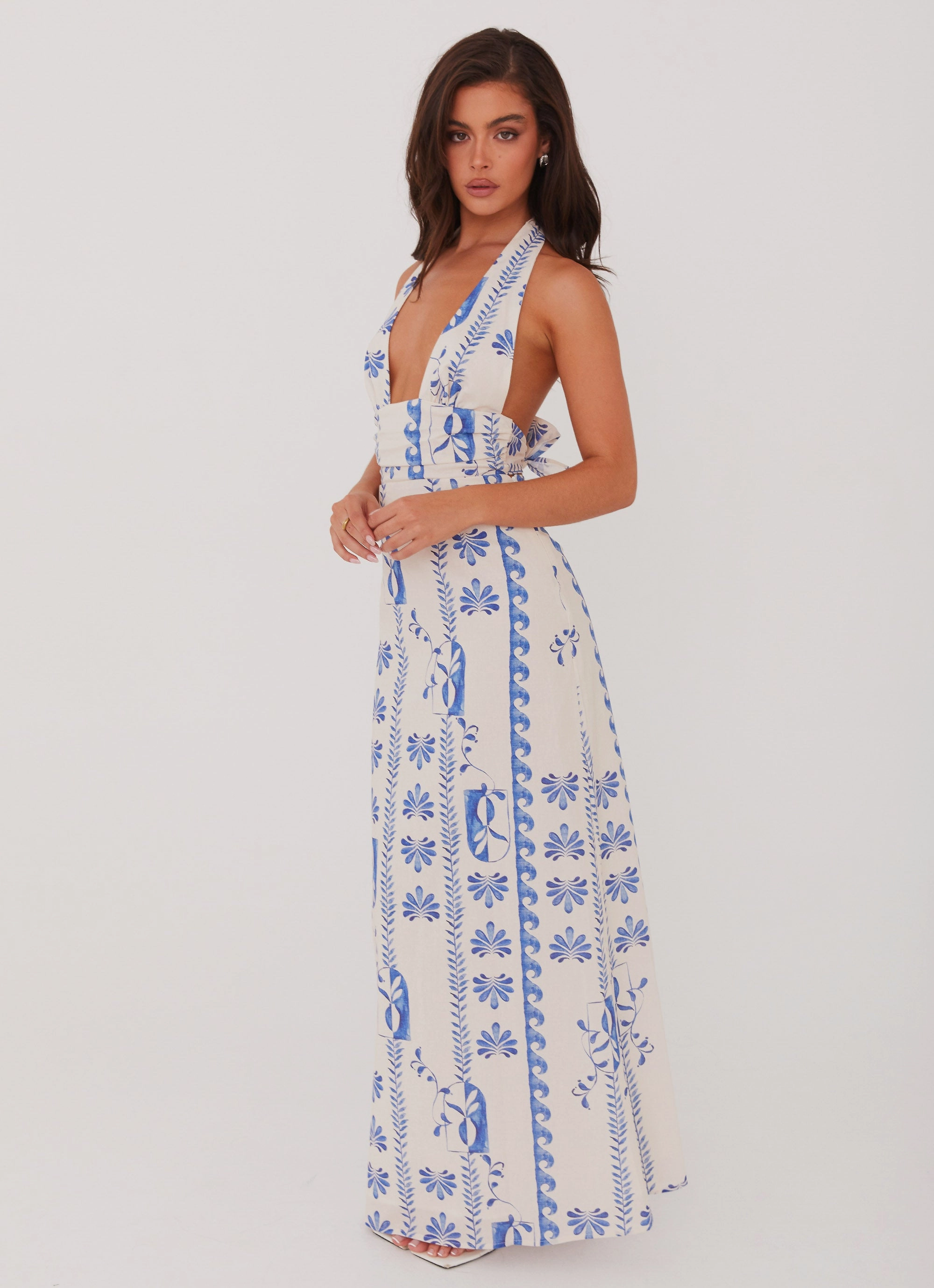 Style focused Breezy Fit Sky Linen Maxi Dress - Floral Wave