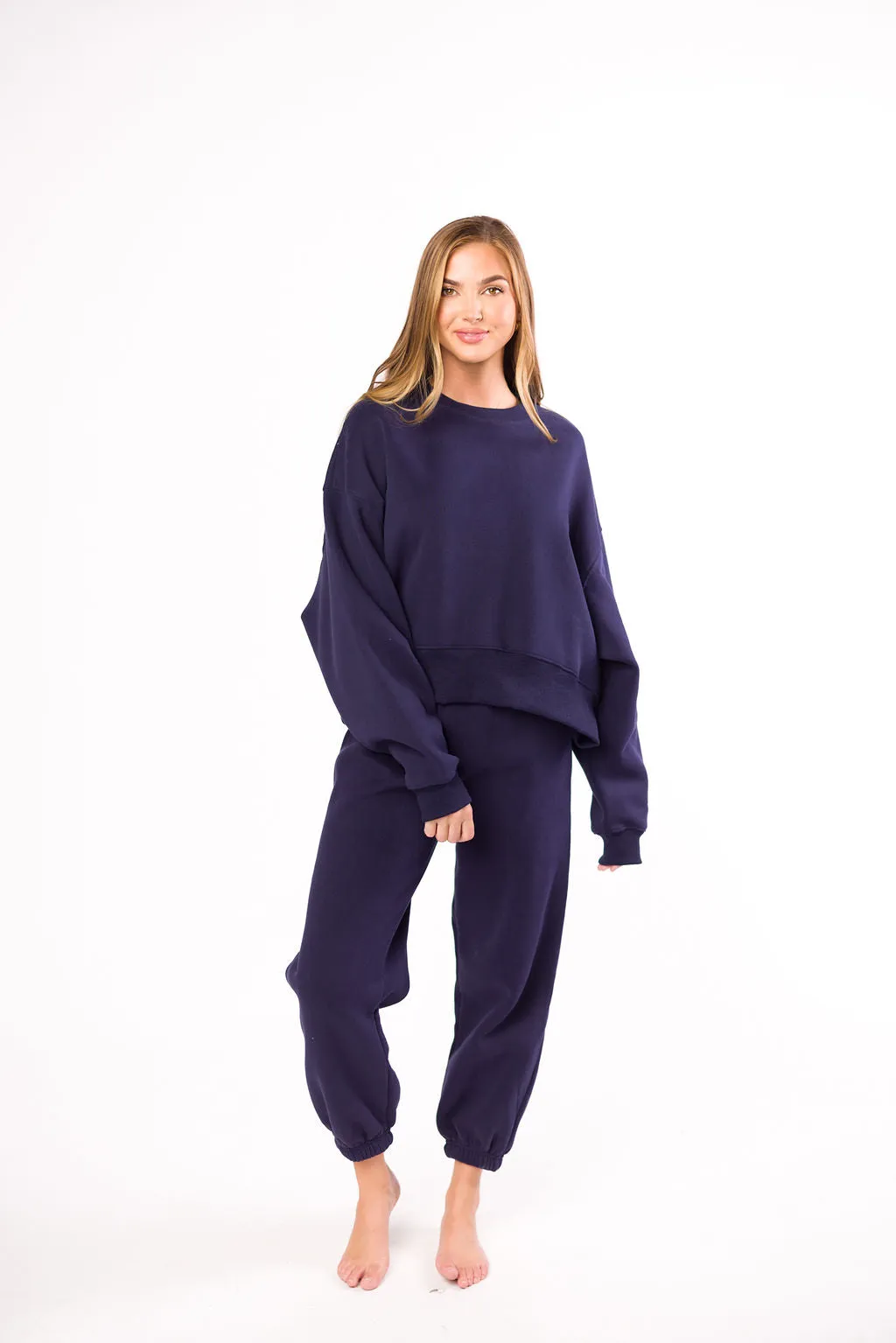Early Chill Relaxed Comforted Comfy Cozy Sweatshirt and Sweatpants Set in Navy