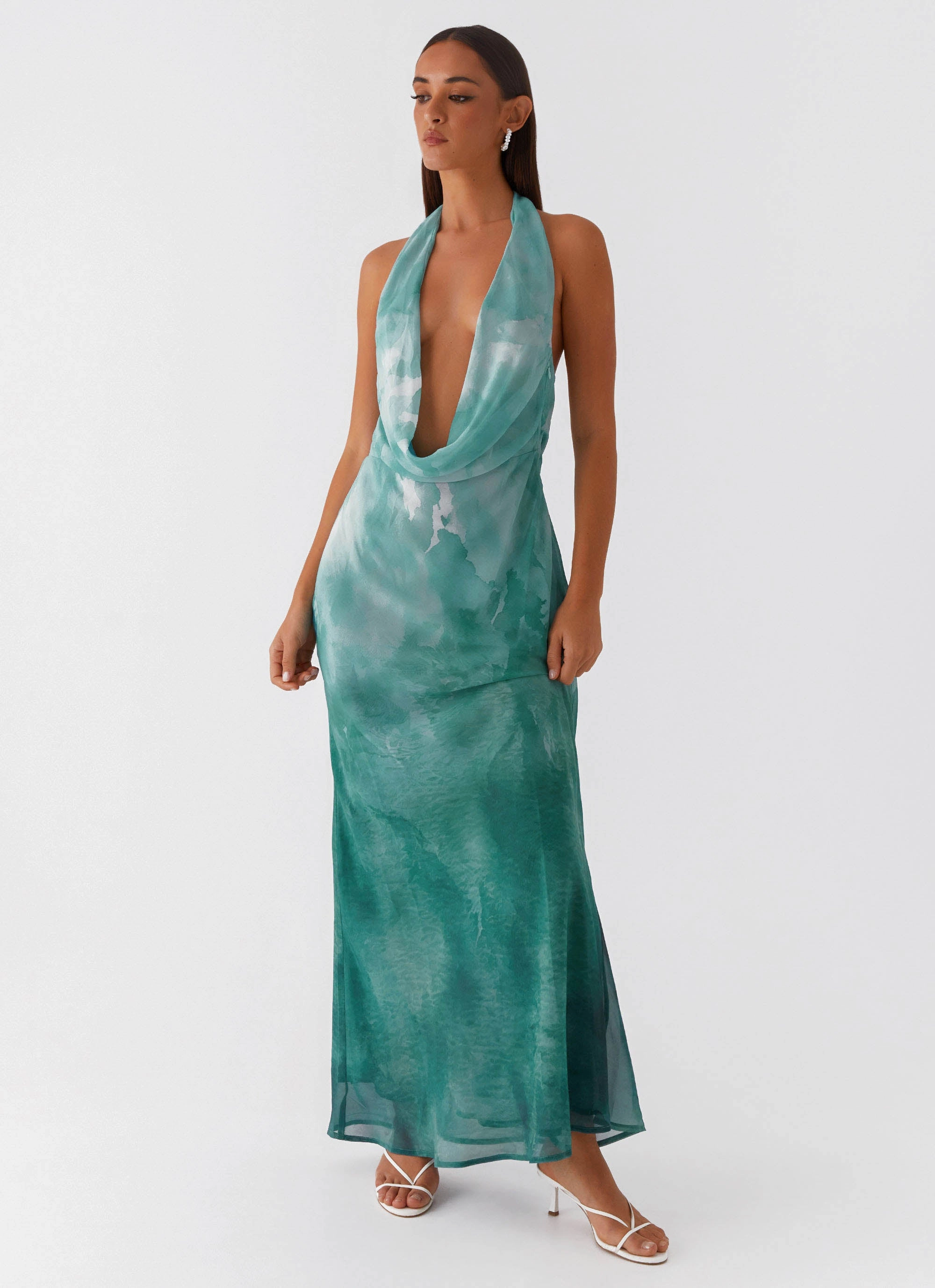 Nerissa Cowl Neck Maxi Dress - Green Tie Dye Contemporary Vibe Flowing Design