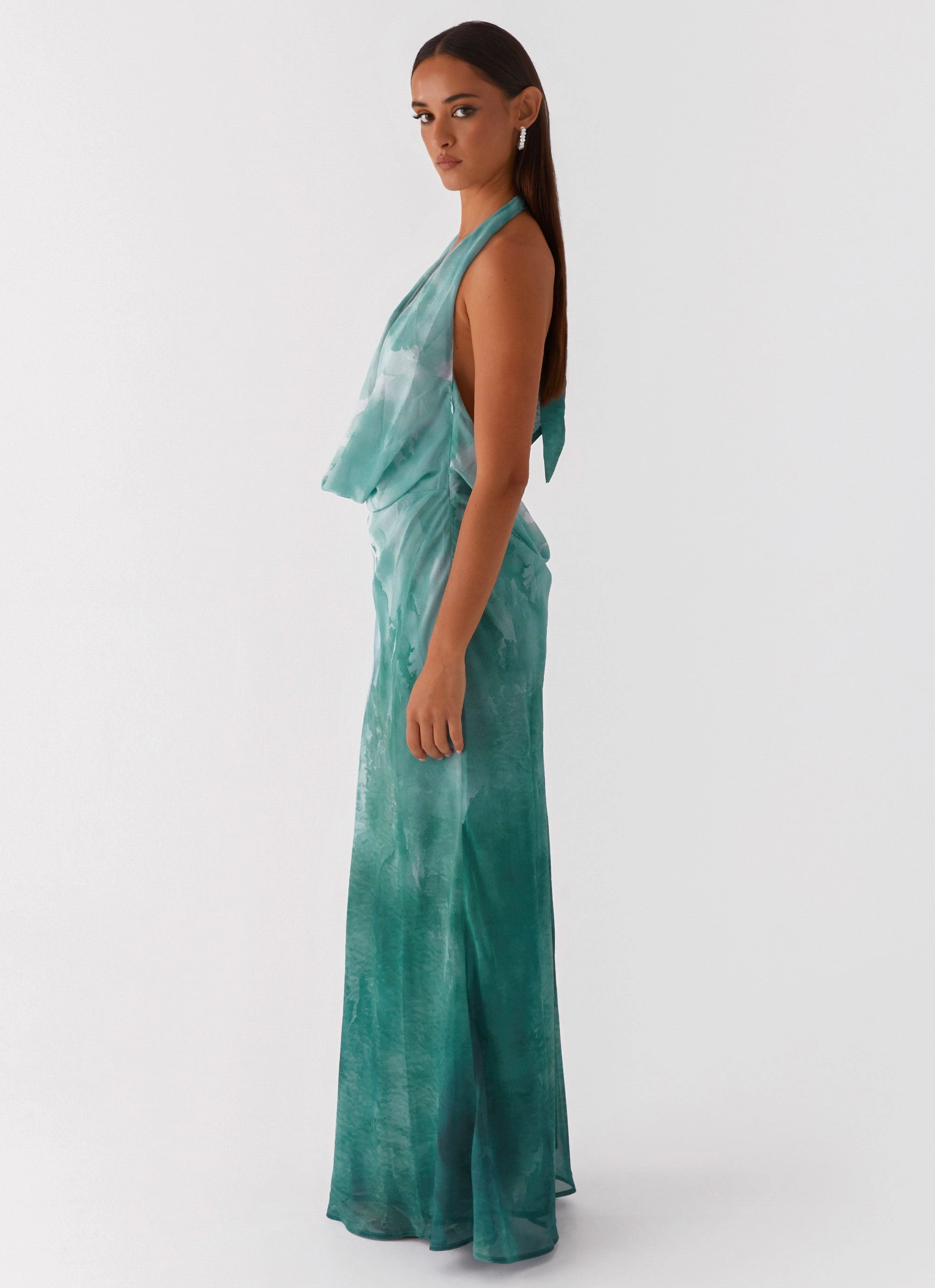 understated look Stream Cut Nerissa Cowl Neck Maxi Dress - Green Tie Dye
