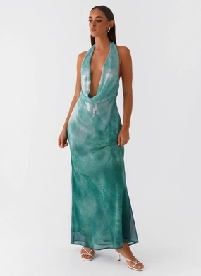 Nerissa Cowl Neck Maxi Dress - Green Tie Dye Contemporary Vibe Flowing Design