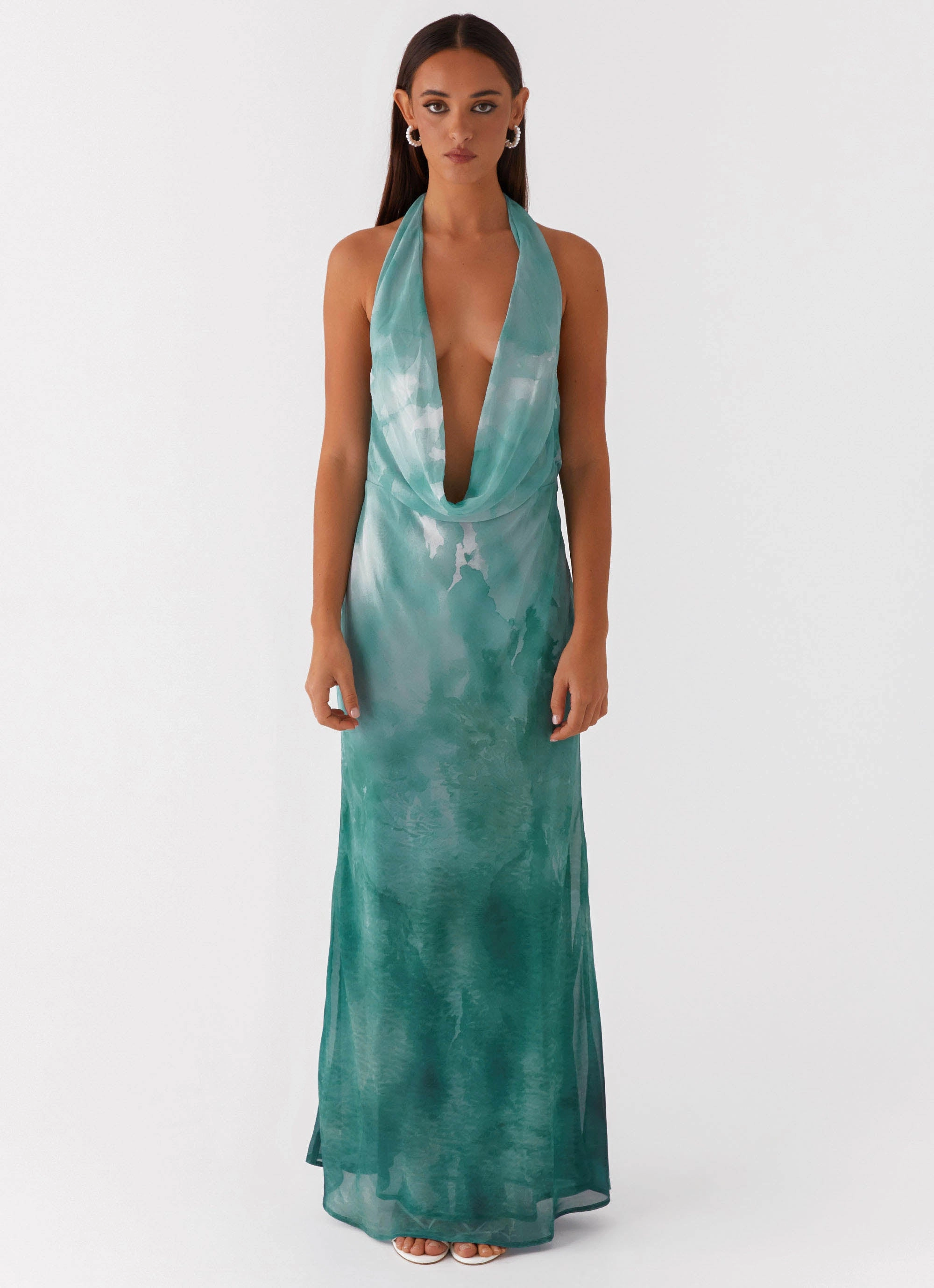 Nerissa Cowl Neck Maxi Dress - Green Tie Dye Olive Fresh Cool Finish