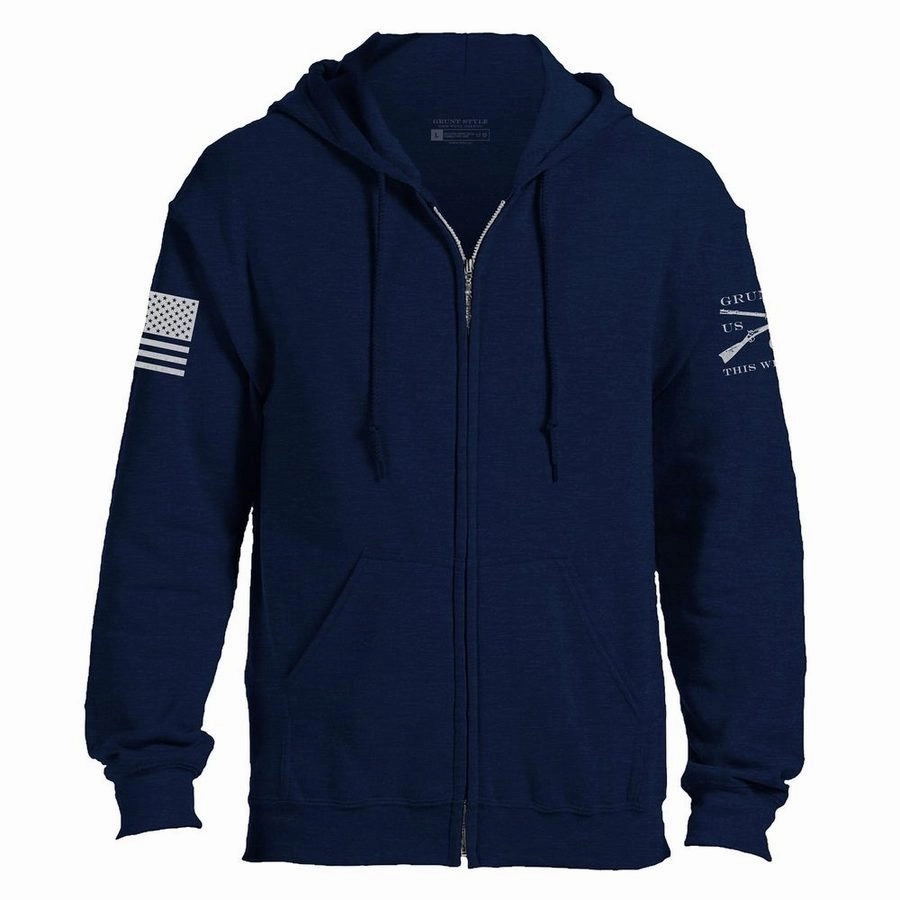 Modern Active Unisex Grunt Style Basic Full-Zip Hoodie - Navy