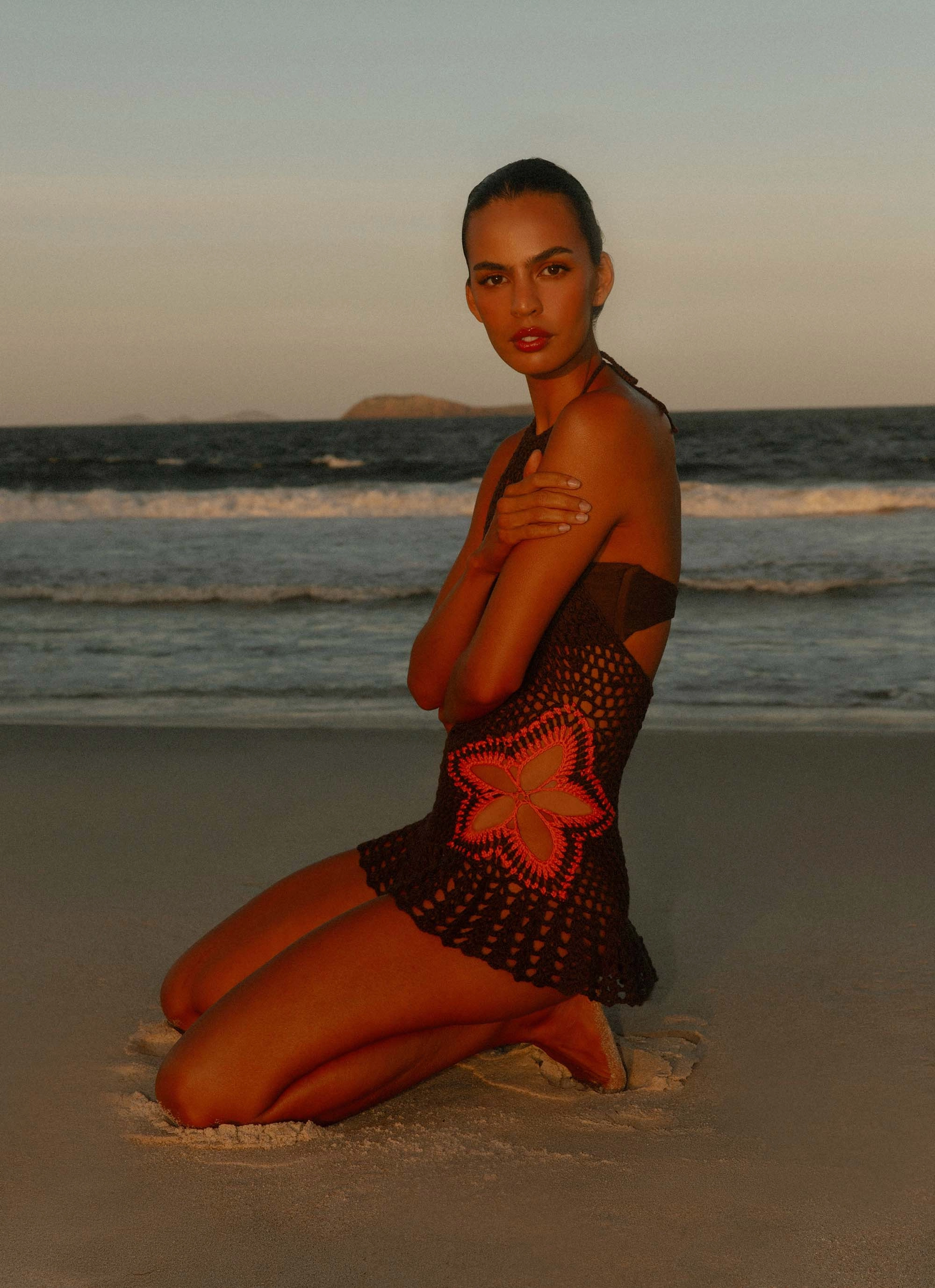 Vibrant Style Calm Drape Henley Crochet Mini Dress - Chocolate