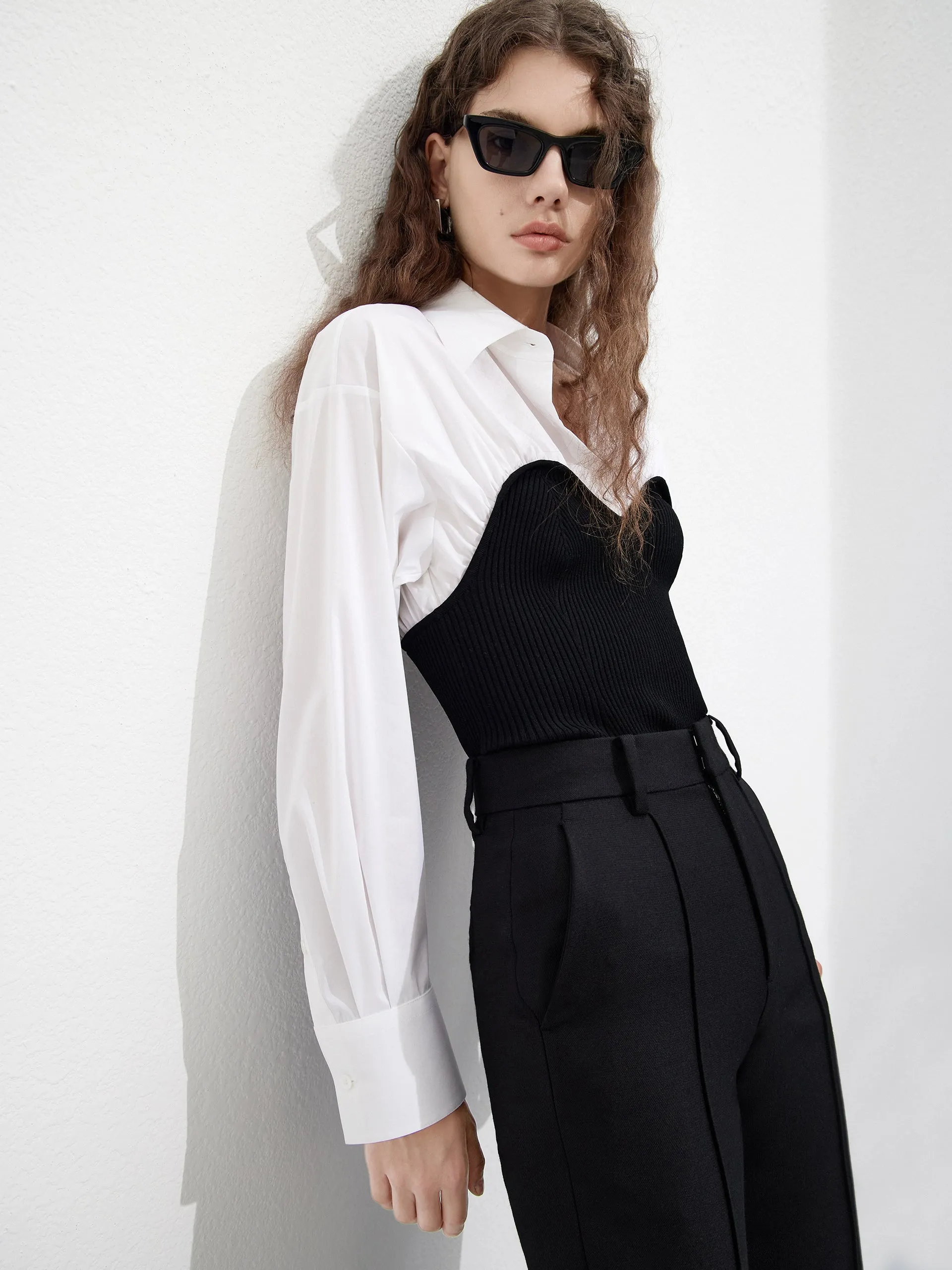 Neutral Colors High-End Fashion Cotton Blend Panelled Knit Shirt