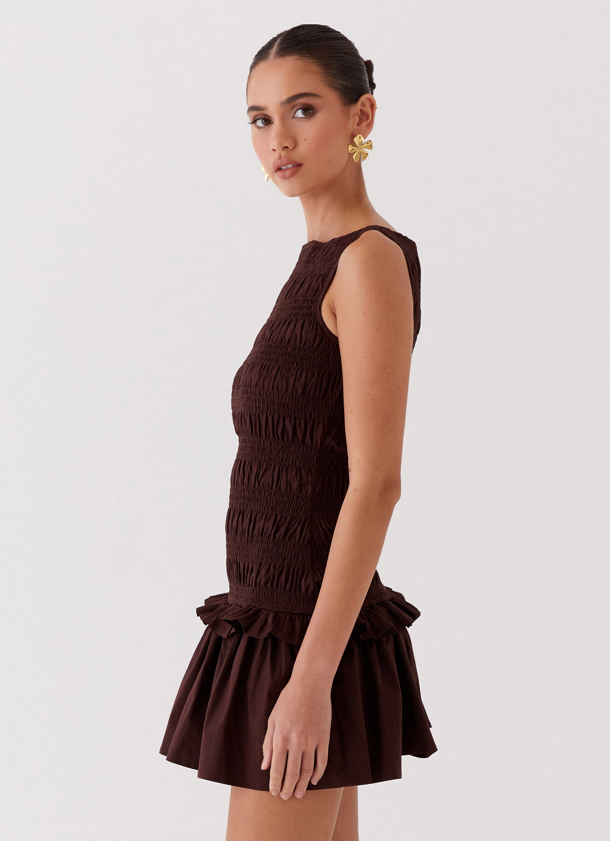 All-season garment Date Ready Garden Kisses Shirred Mini Dress - Chocolate