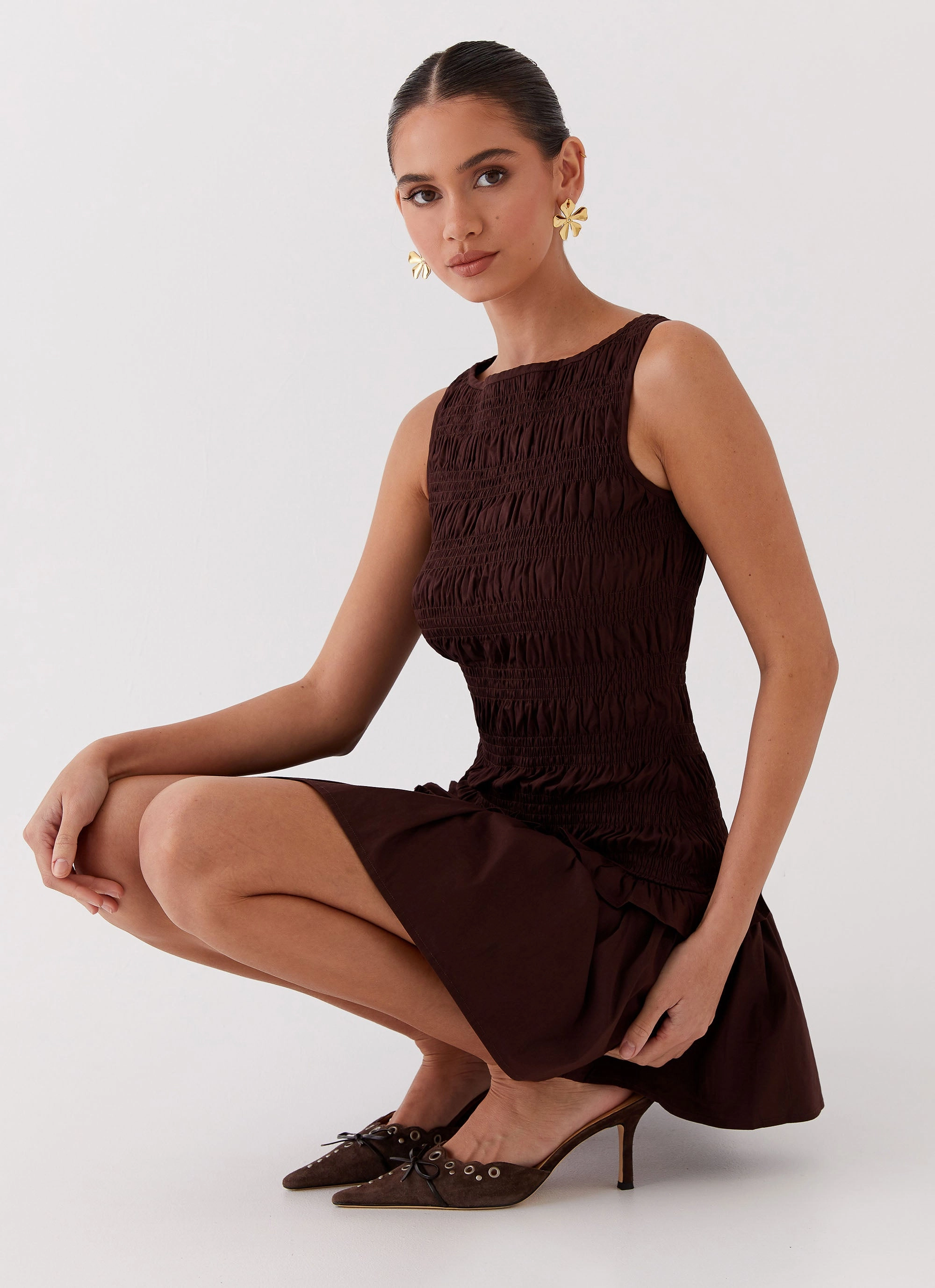 Garden Kisses Shirred Mini Dress - Chocolate Neutral Look Relaxed Layer