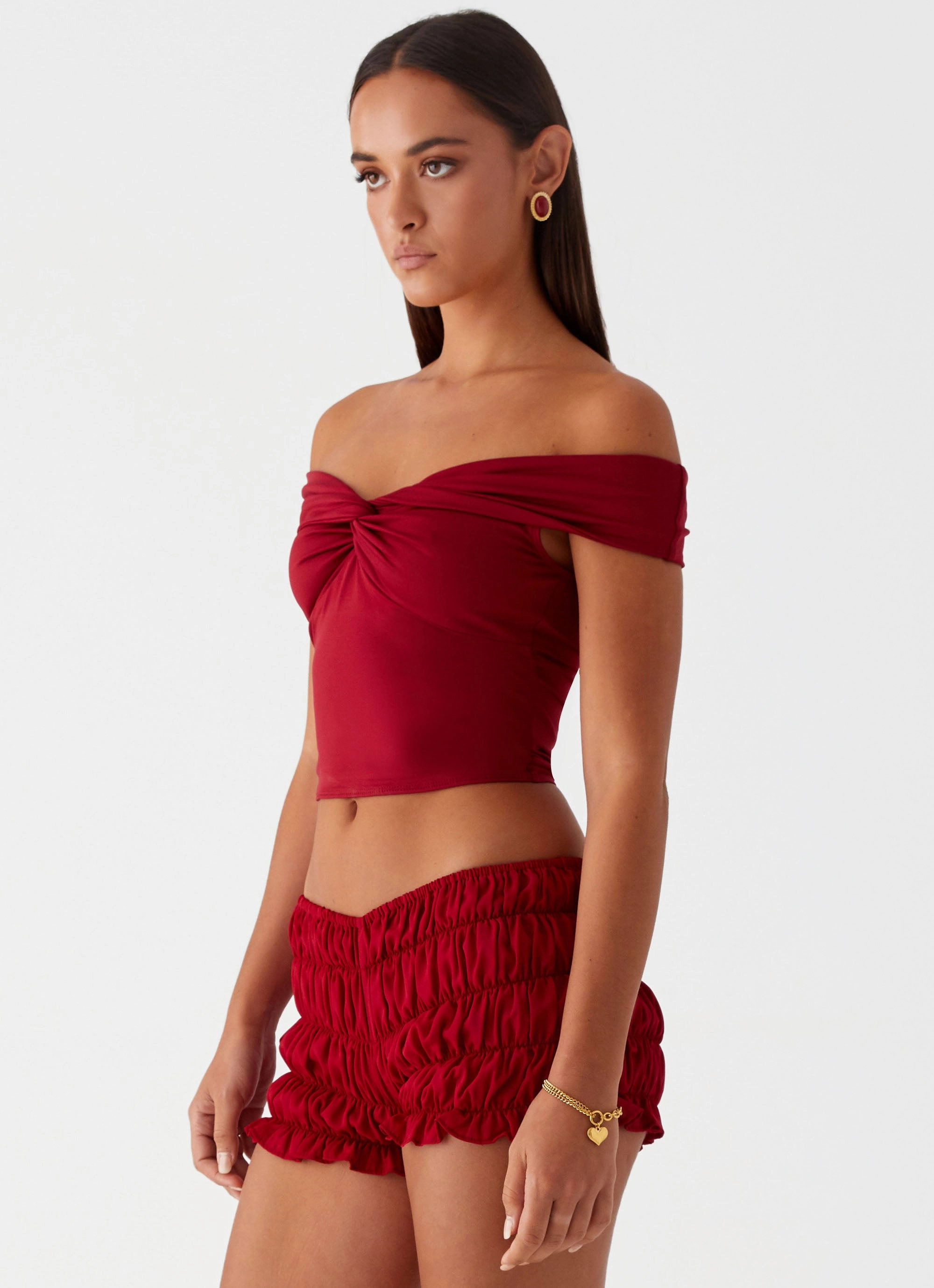 Trixie Twist Off Shoulder Top - Maroon Sleek long-sleeve dress Effortless Elegance
