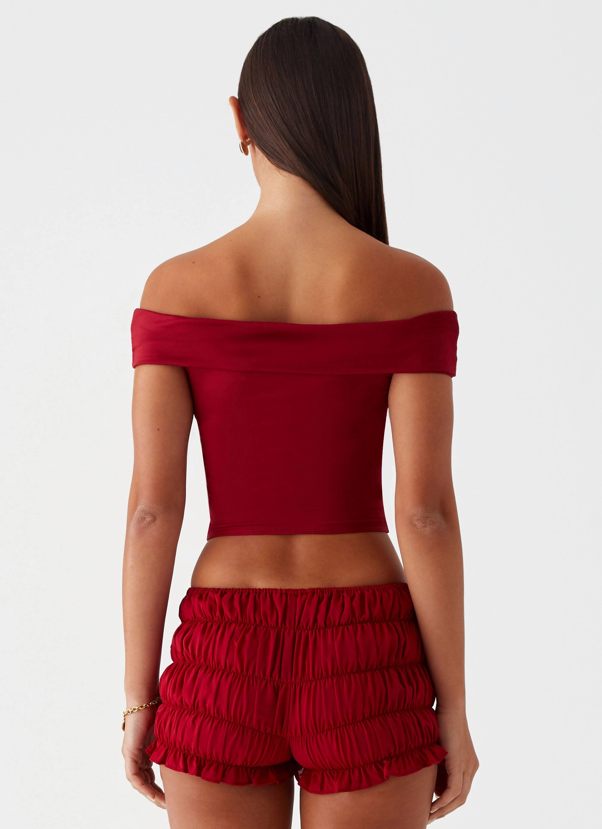 Tiered-Skirt Trixie Twist Off Shoulder Top - Maroon