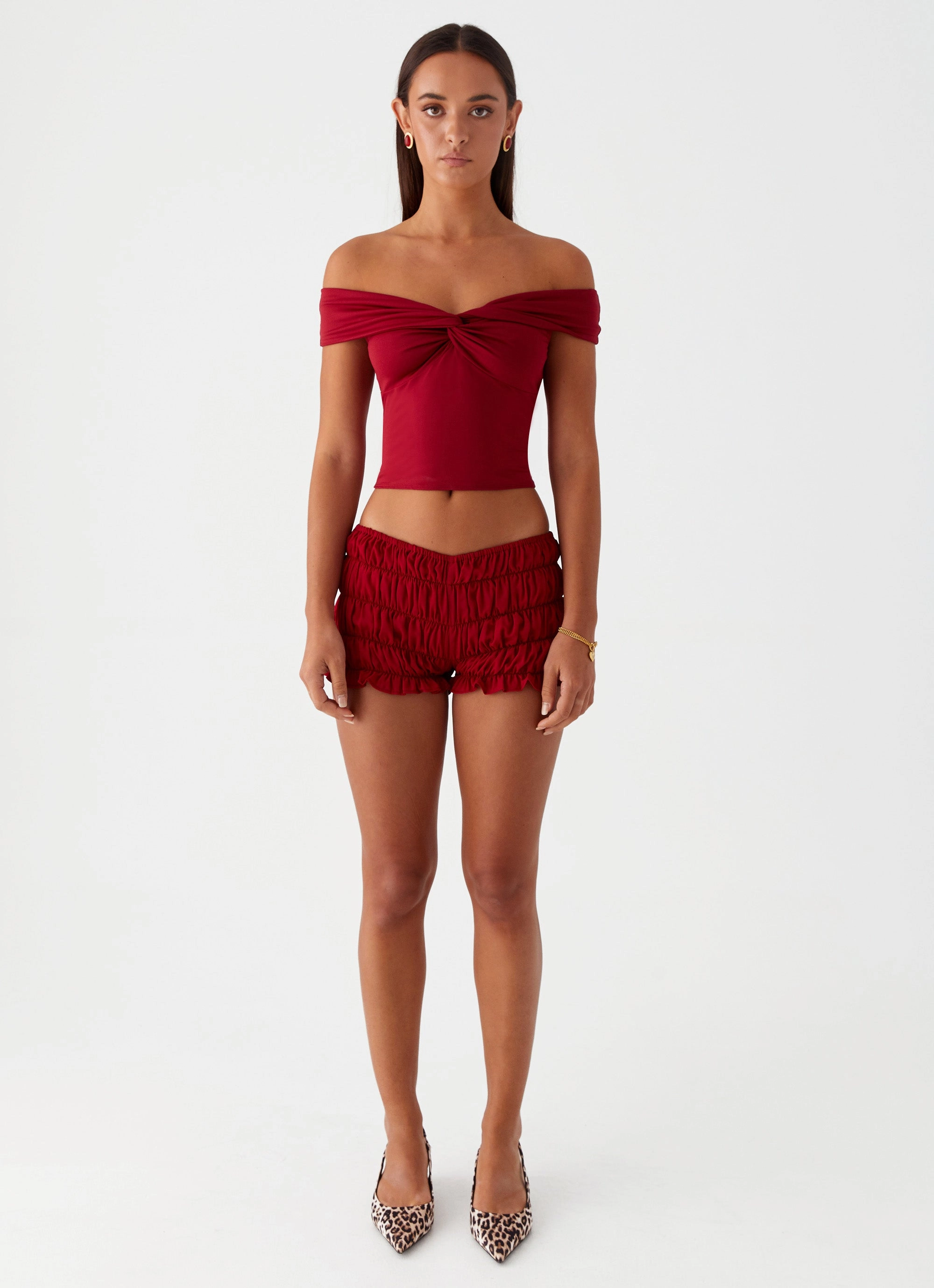 Trixie Twist Off Shoulder Top - Maroon Relaxed Style Wear Fine Details
