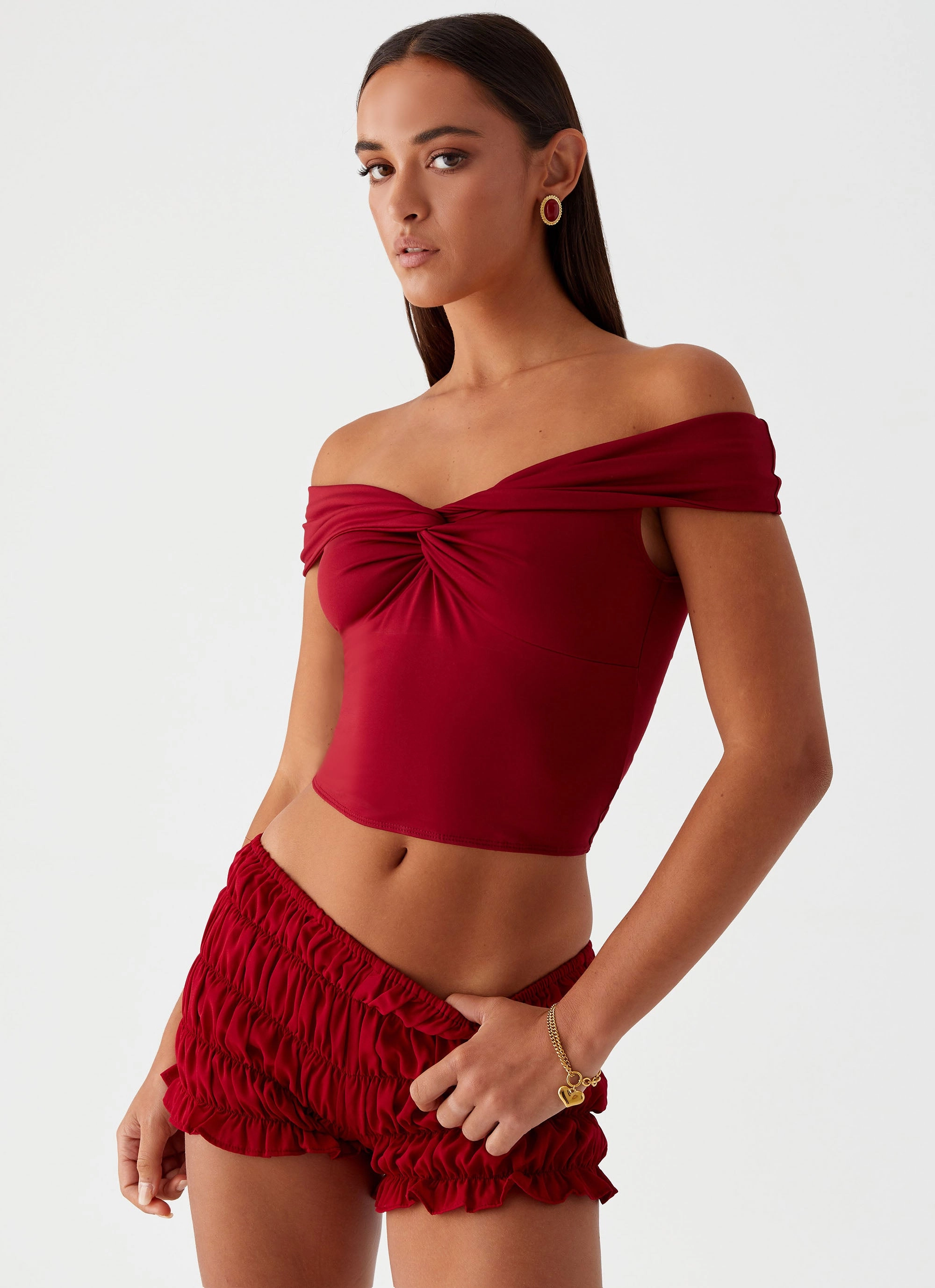 Office Casual Trixie Twist Off Shoulder Top - Maroon