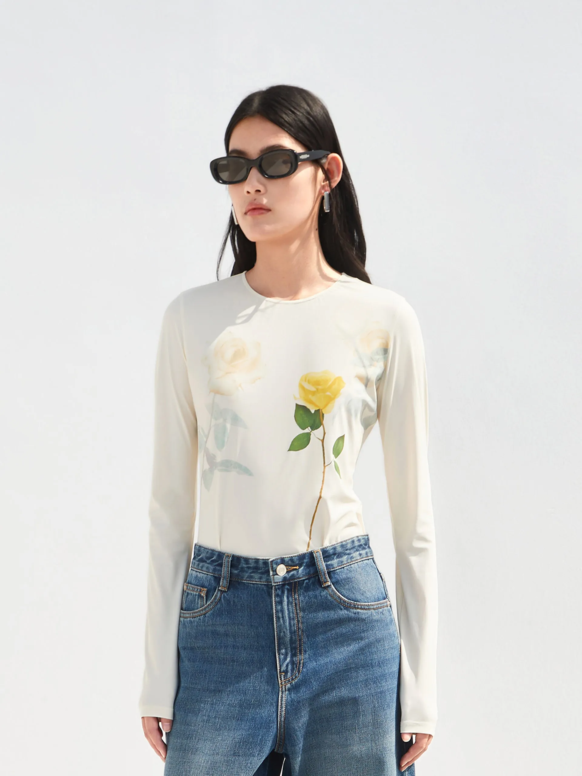 Trendy Fashion Crewneck Flower Pattern Top