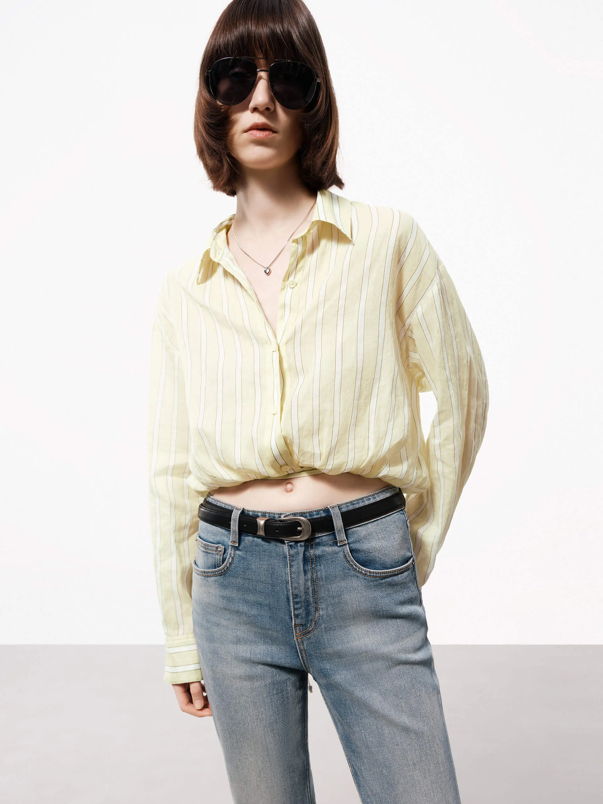 Summer Outfit Non Restrictive Armhole Cropped Pinstriped Blouse