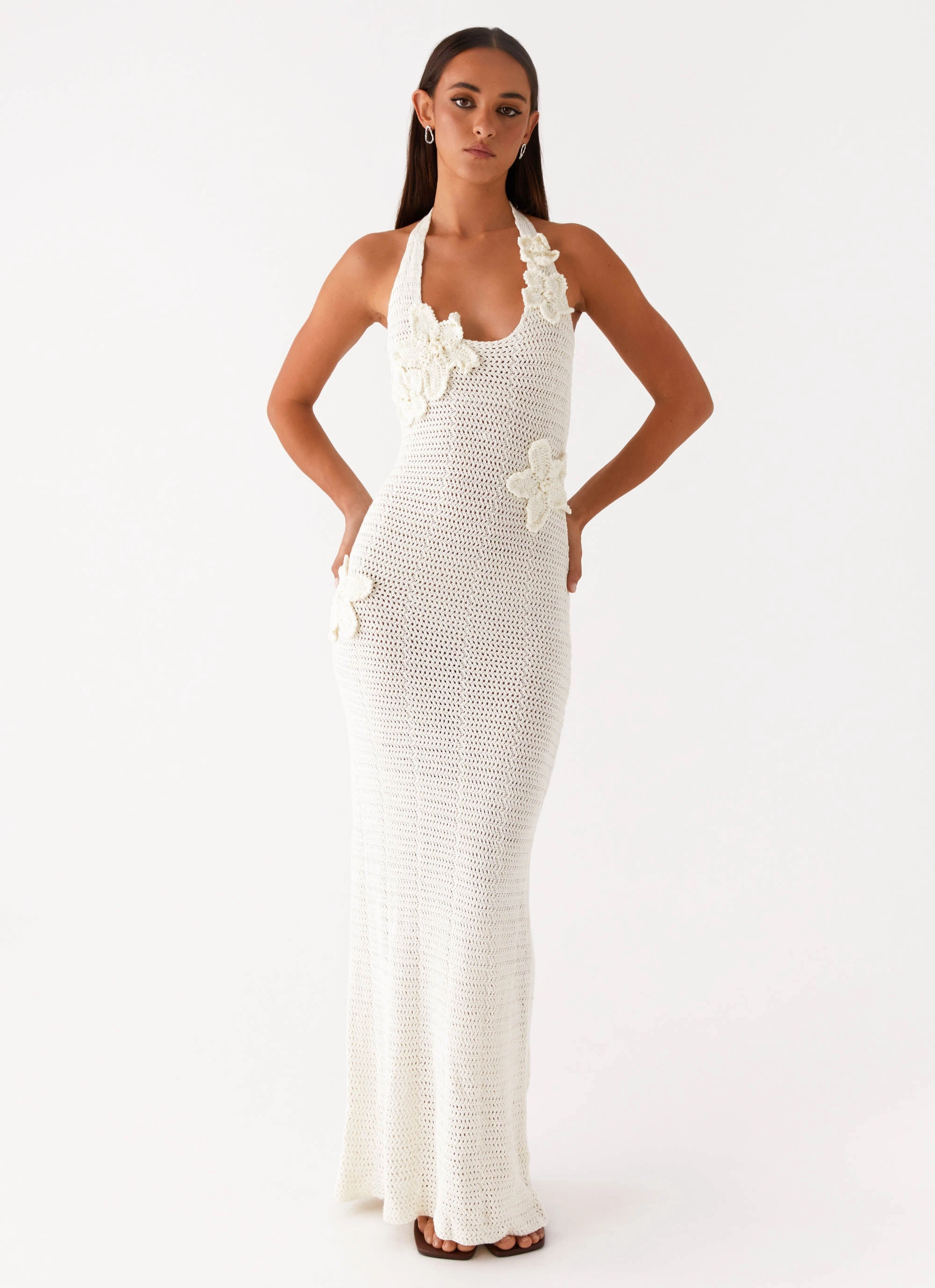 Novalee Flower Crochet Maxi Dress - Ivory Flutter-Sleeve Warranty-Included