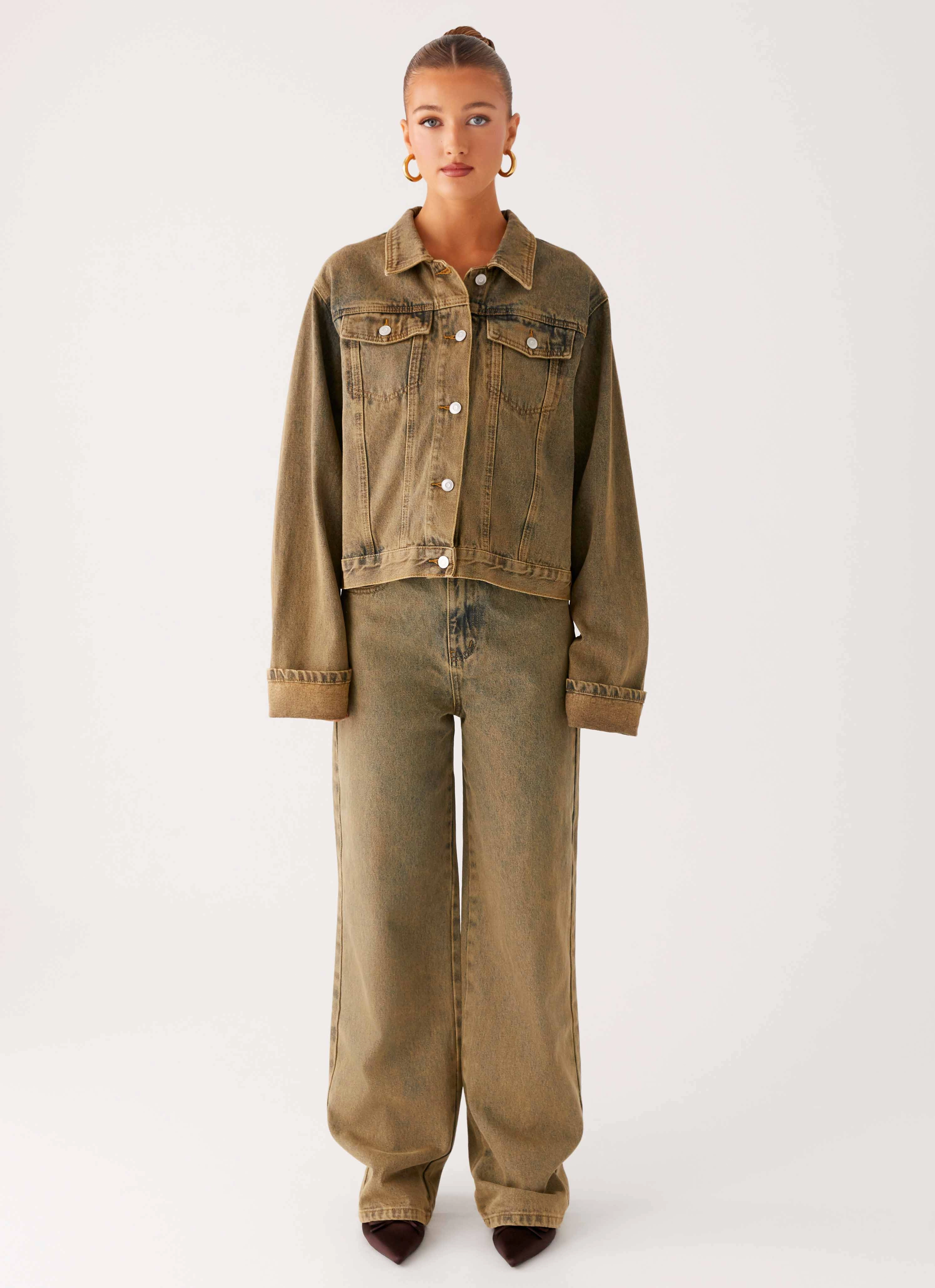 Vibe Style Subtle Texture Back Again Straight Leg Denim Jeans - Brown Sand Wash