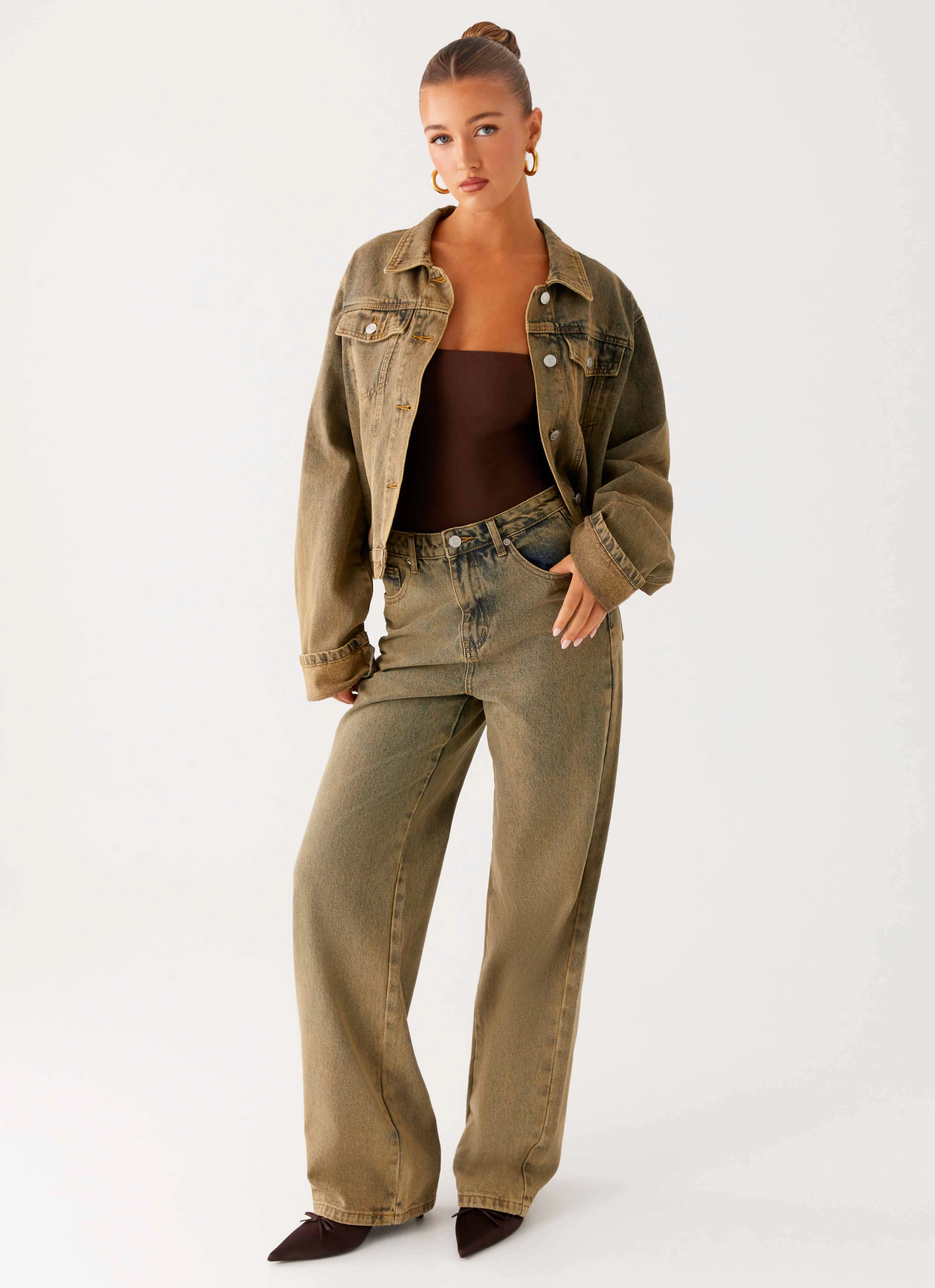 Back Again Straight Leg Denim Jeans - Brown Sand Wash Statement Mood