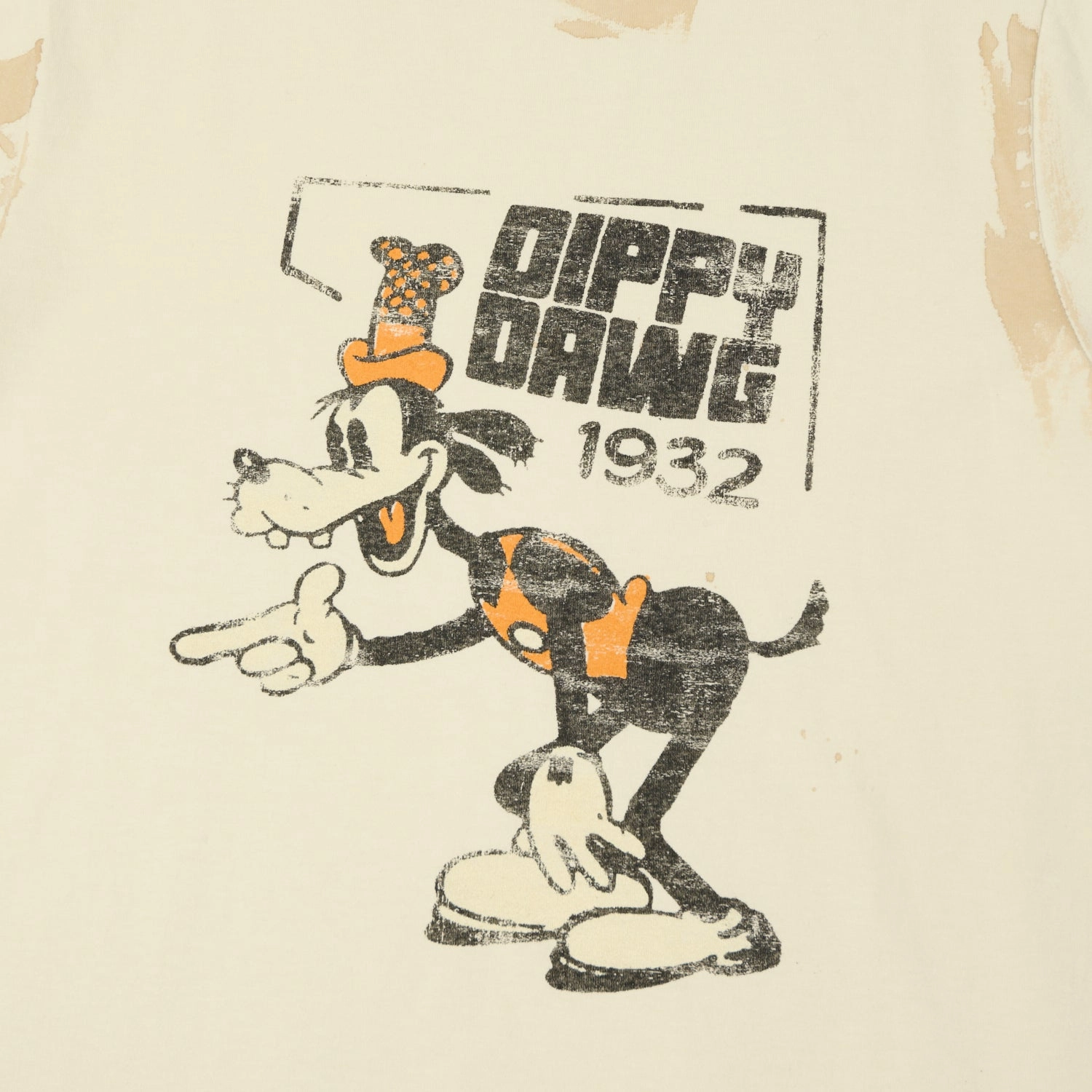 Textured Surface Urban Style Trend Flea-T 1950s Orange 'Dippy Dawg' T-Shirt - White