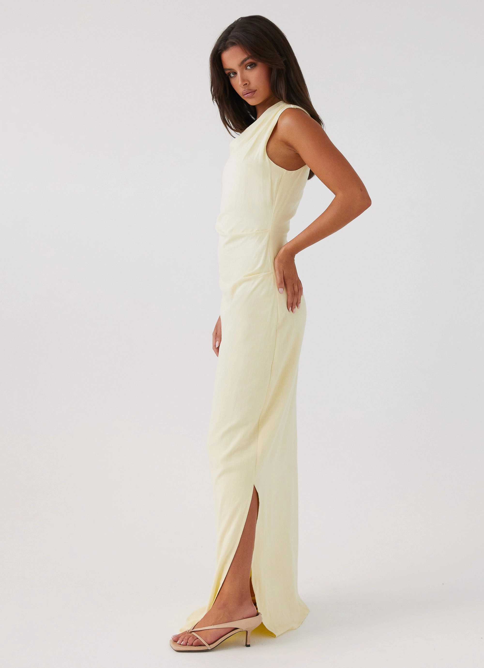 Silky Shape Collared Daffodil Charm Linen Maxi Dress - Sunflower Yellow