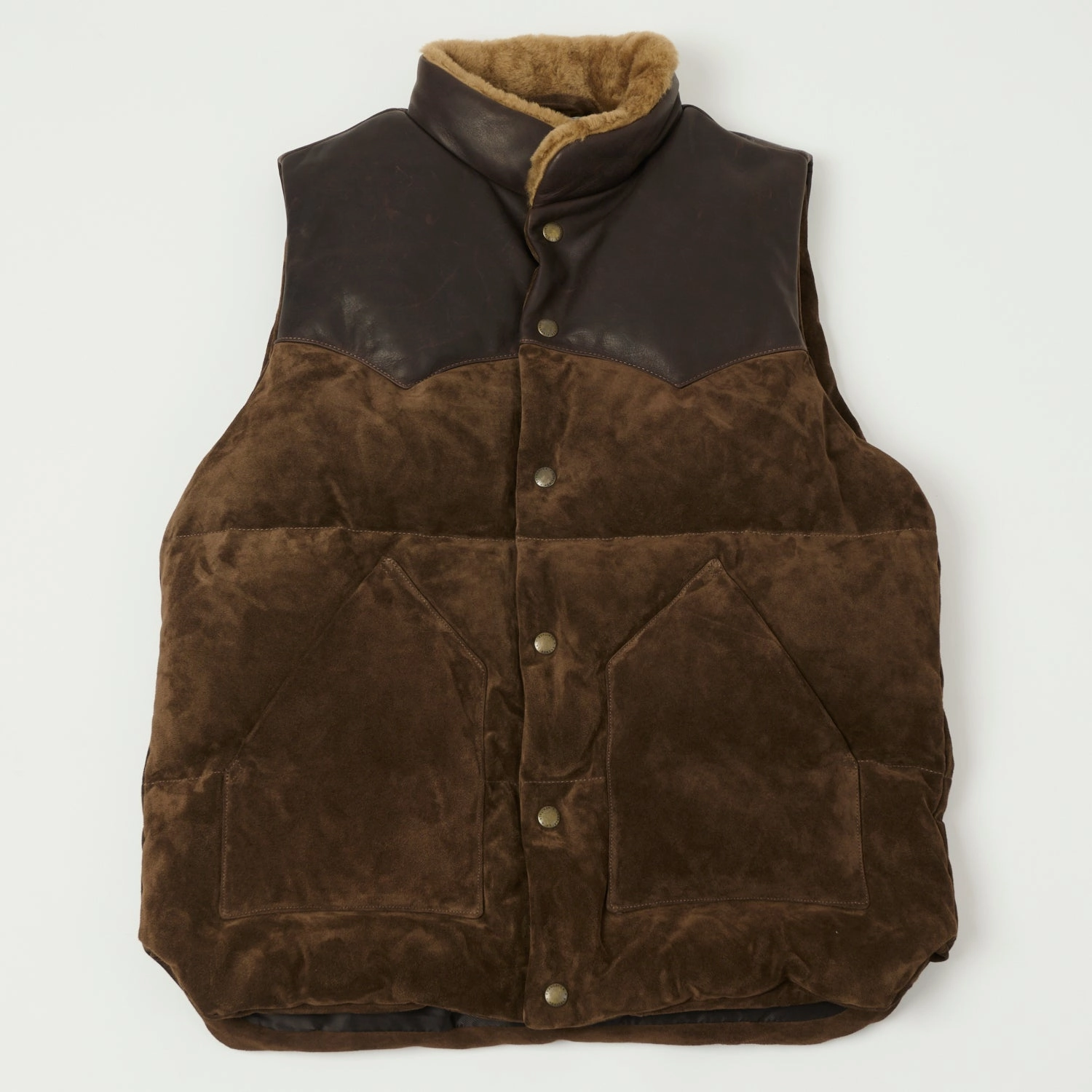 Shangri-La Heritage 'Bivacco' Suede Western Down Vest - Testa di Moro Brown Light Soft