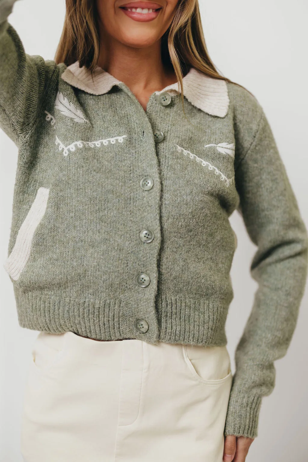 EcoConscious Production Four Way Stretch Dakota Feather Embroidered Cardigan Top in Basil