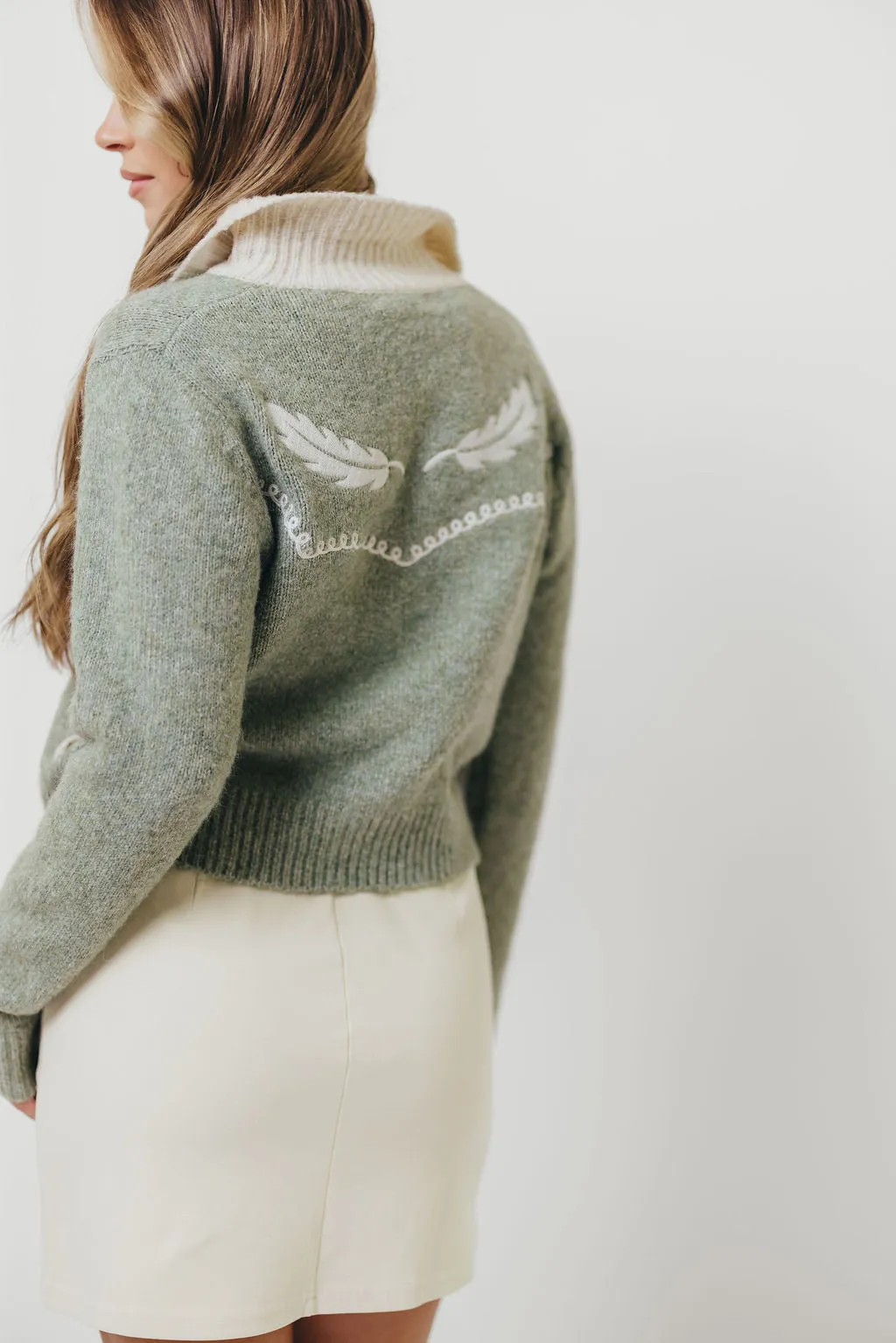 Season Ready Dakota Feather Embroidered Cardigan Top in Basil
