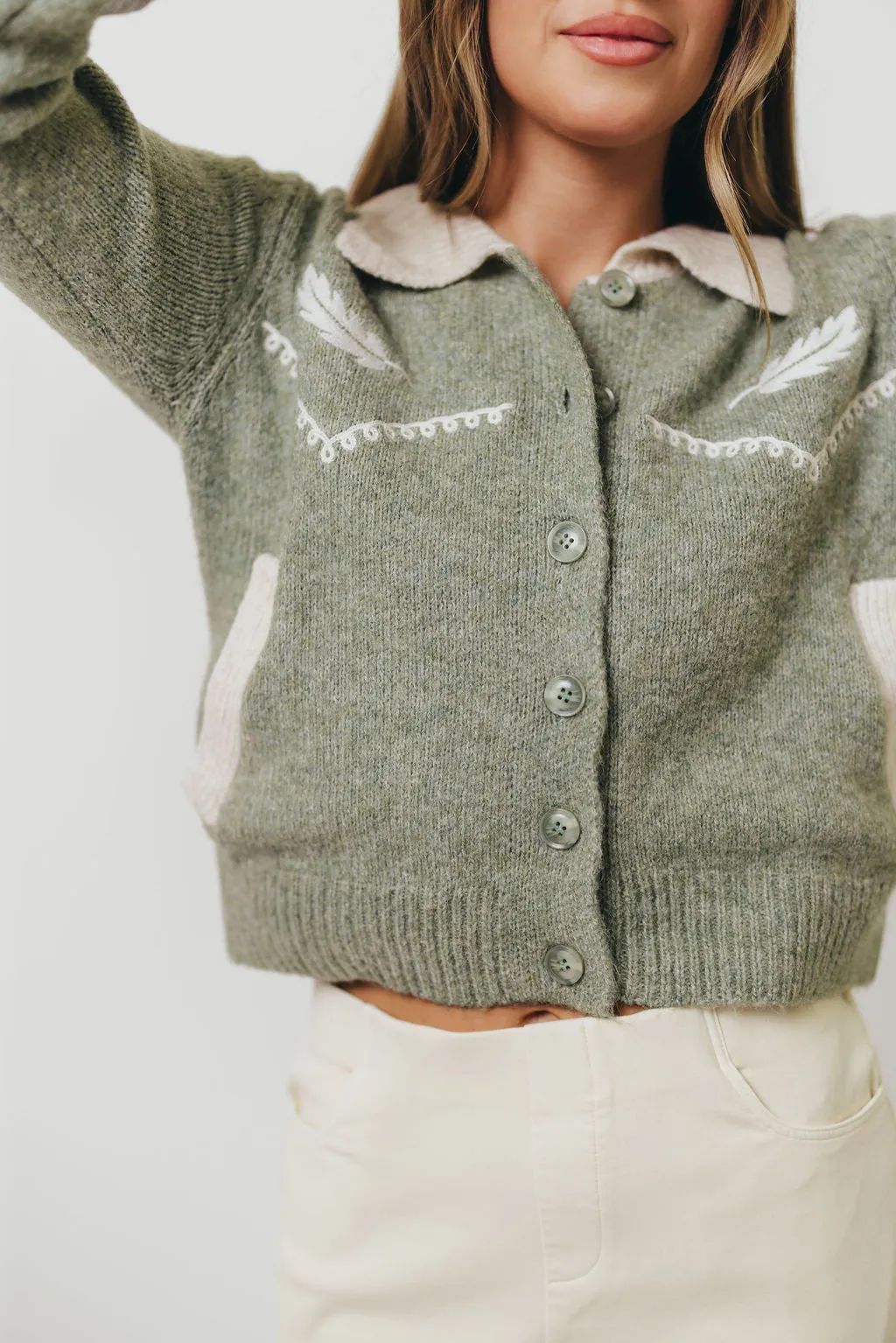 Dakota Feather Embroidered Cardigan Top in Basil Flatlock stitching Flexible Side Gusset