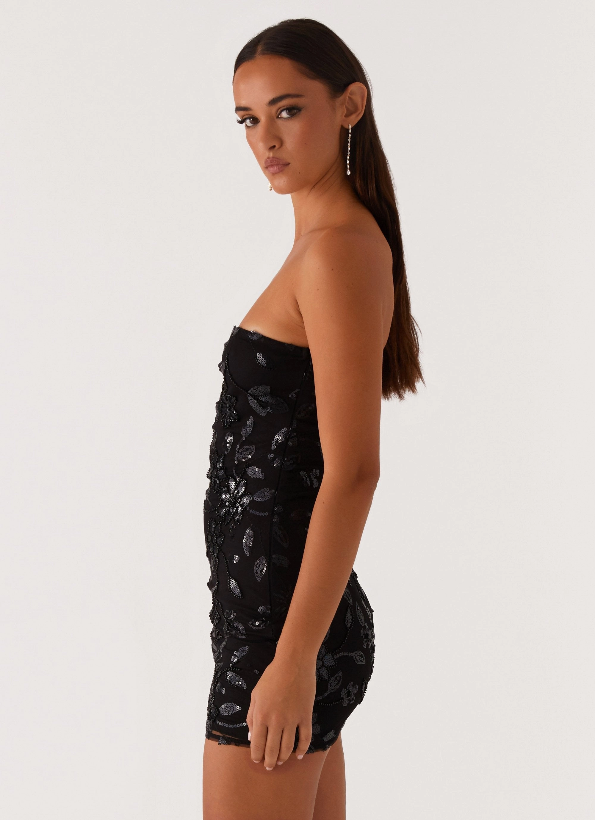 Moorey Beaded Mini Dress - Black High Waist Dreamy Silhouette