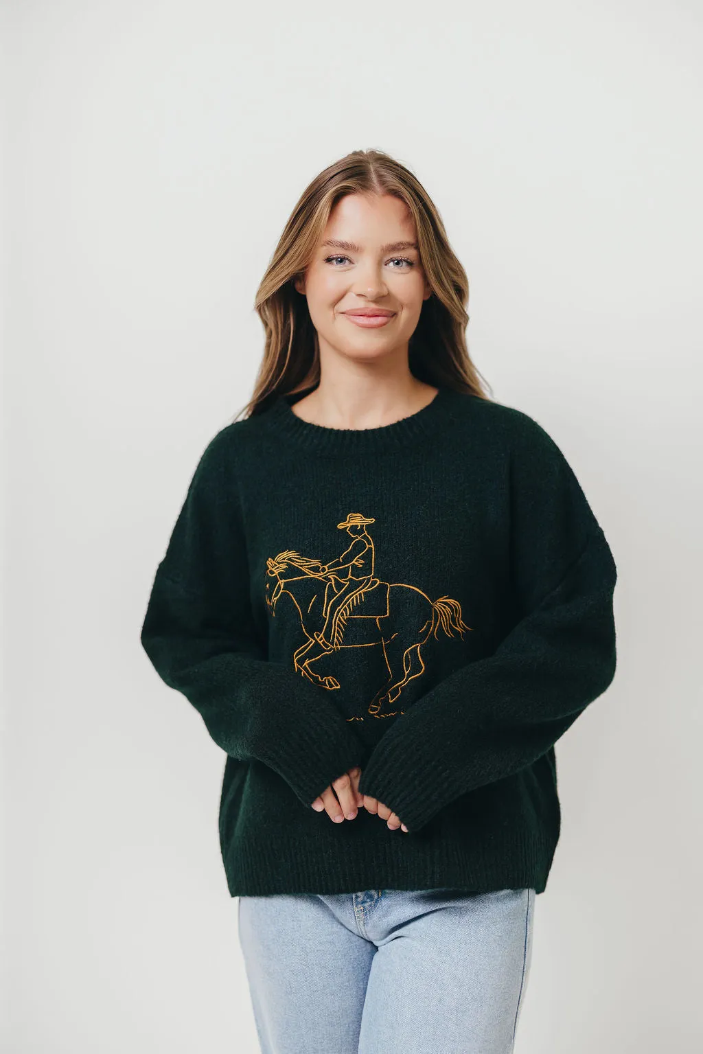 Virginia Embroidered Cowboy Knit Sweater in Deep Forest UVProtective Knit Density