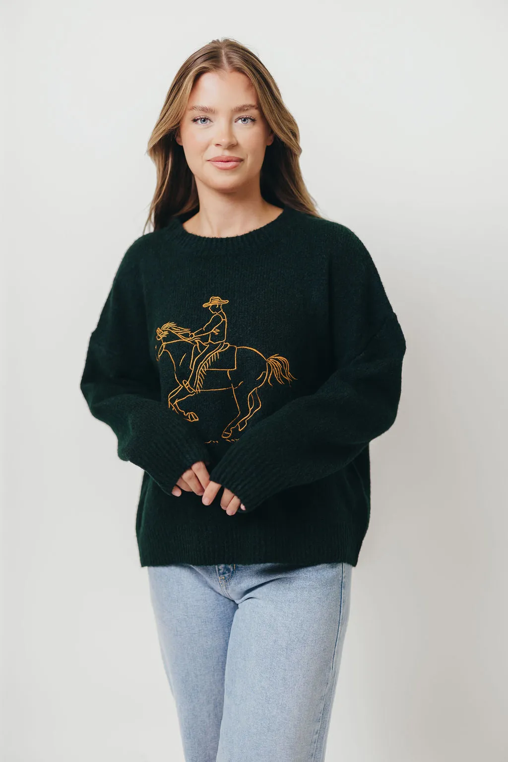 Office Trend Virginia Embroidered Cowboy Knit Sweater in Deep Forest