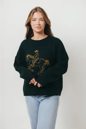 Office Trend Virginia Embroidered Cowboy Knit Sweater in Deep Forest