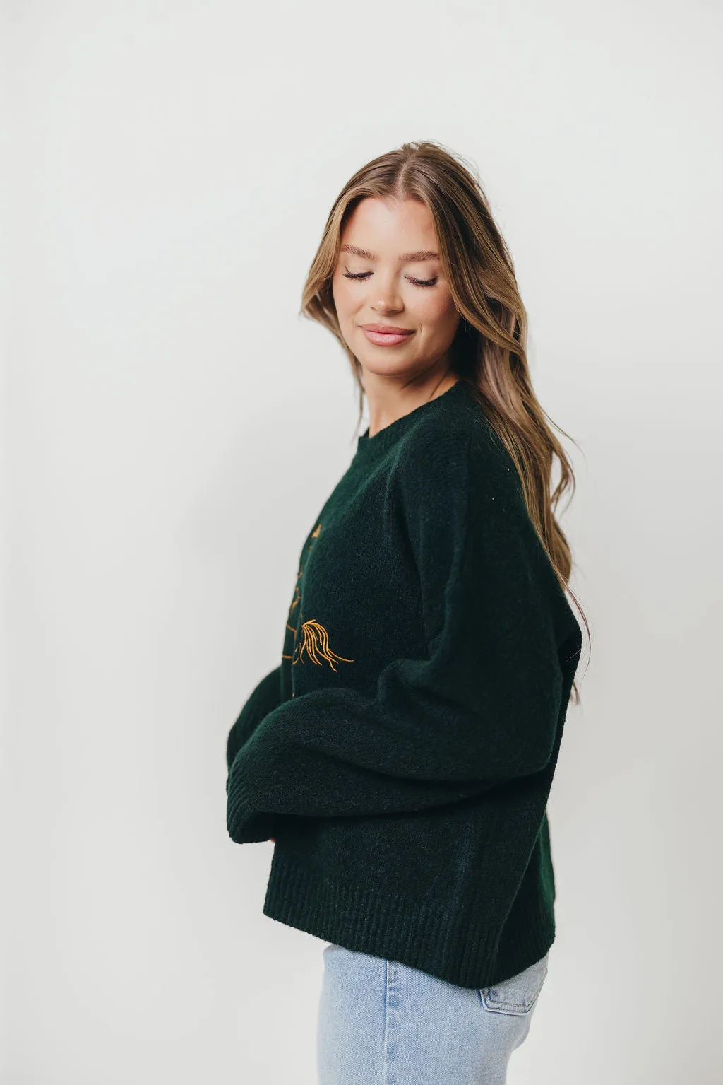 Virginia Embroidered Cowboy Knit Sweater in Deep Forest Stain Release Coating