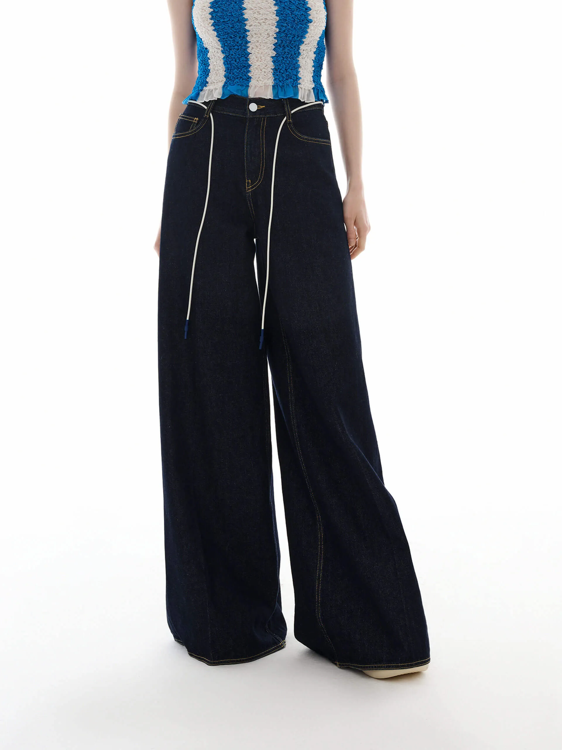 Drawstring Detail Wide Leg Jeans Organic Cotton Material