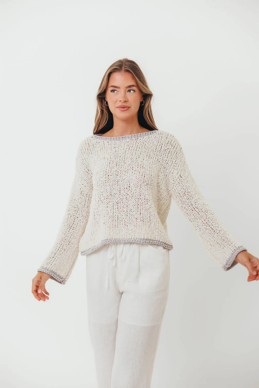 Dimensional Jacquard Weave Dreamscape Sweater in Ivory Grey