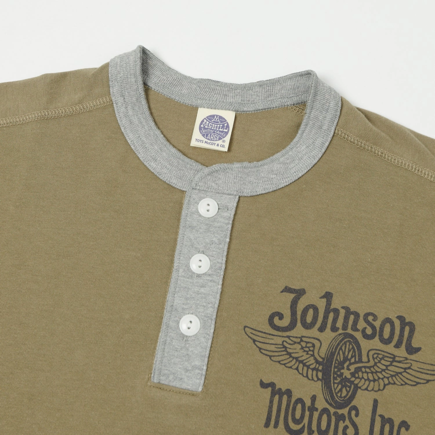 TOYS McCOY 'Johnson Motors Flying Wheel' Union Henley - Olive Non-toxic Spring Wear