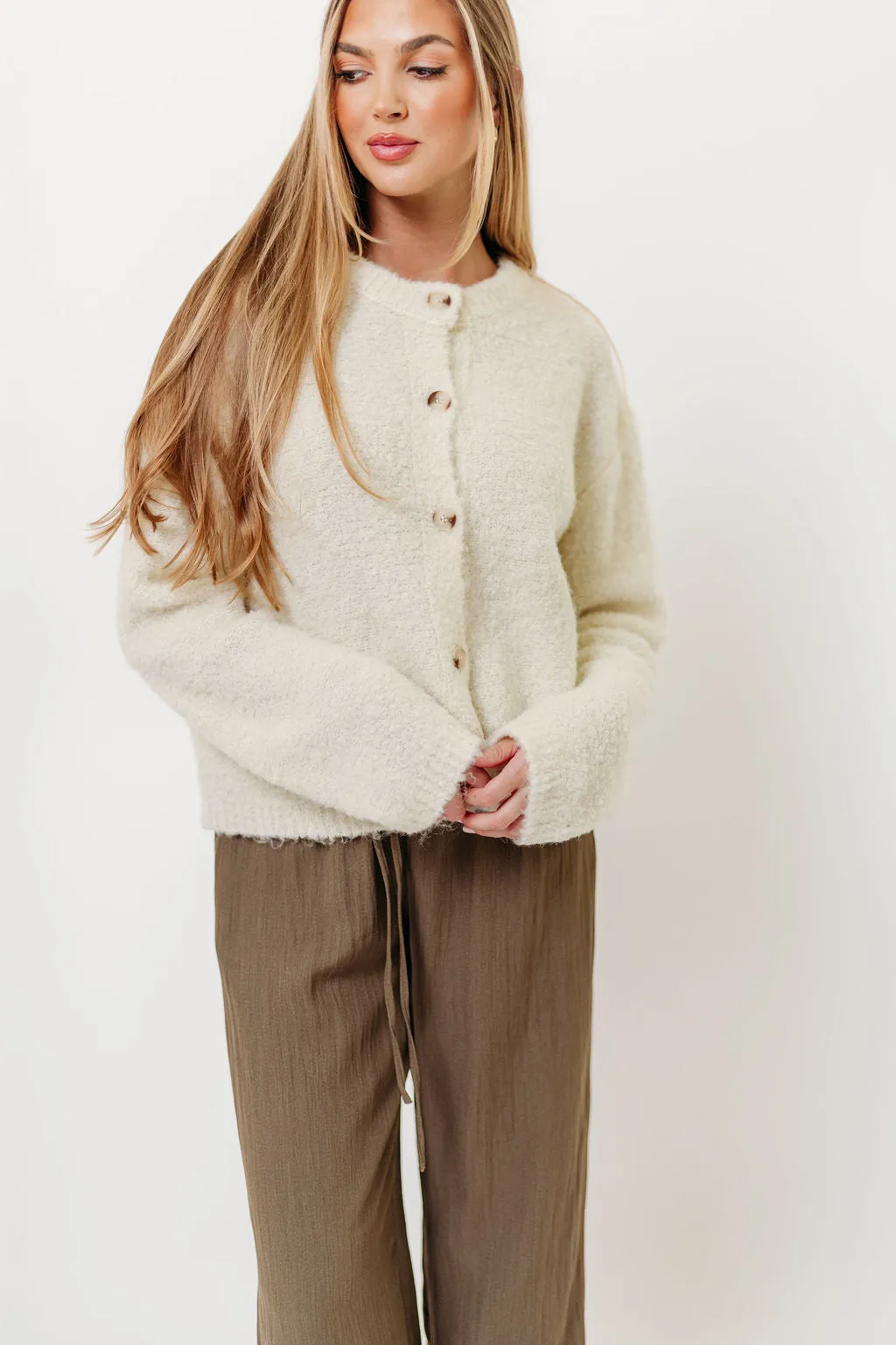 Elastic hem Sustainable Manufacturing Pillow Talk Cardigan Top in Cream
