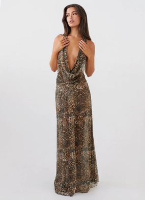 Elysia Mesh Maxi Dress - Leopard Glossy-Finish Beaded-Sleeve