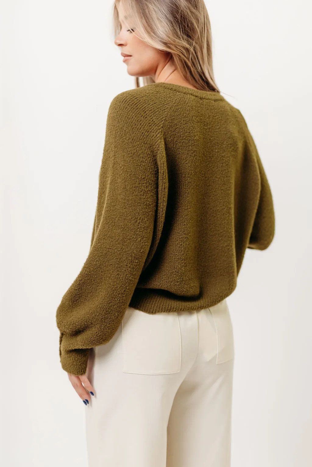 Andrea Fuzzy Ribbed Knit Cardigan Top in Olive Ultra Soft Yarn