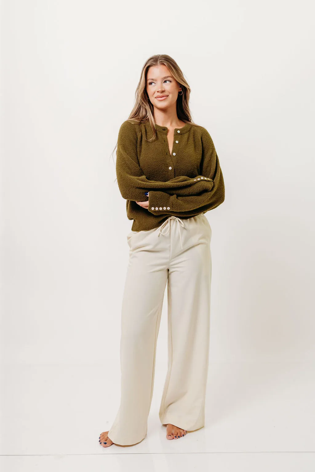 Easy Draping Andrea Fuzzy Ribbed Knit Cardigan Top in Olive