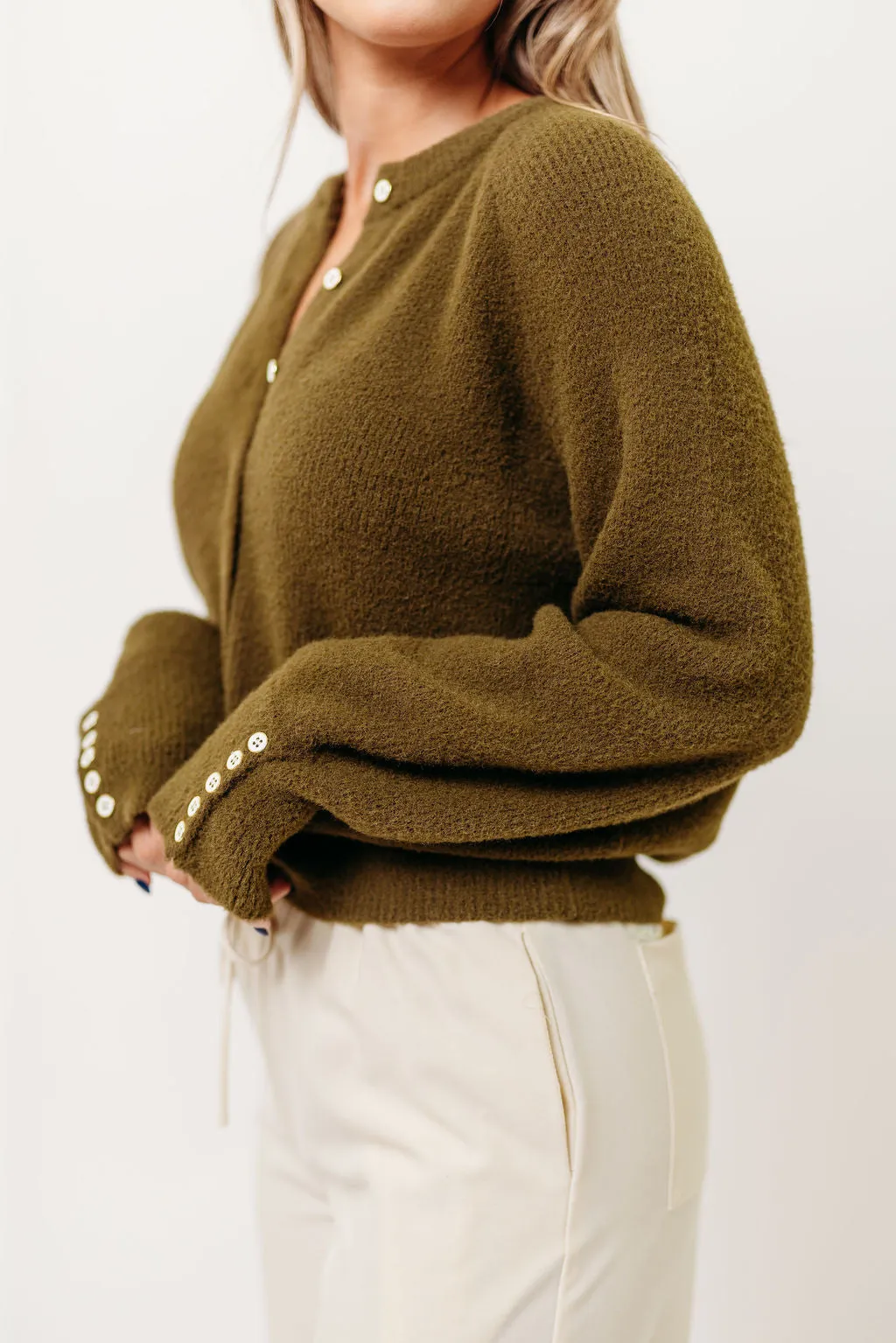 Stretchable Cuffs Knit Density Options Andrea Fuzzy Ribbed Knit Cardigan Top in Olive