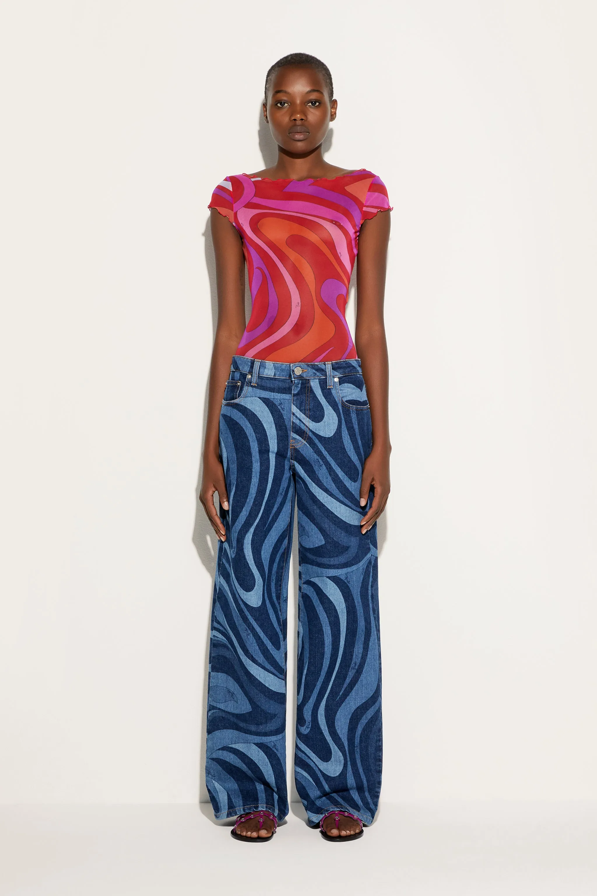 Button Down Design All Purpose Weave Design Marmo Print Tulle Top