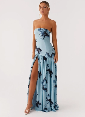 Eden Strapless Maxi Dress - Blue Black Floral Happy Glow