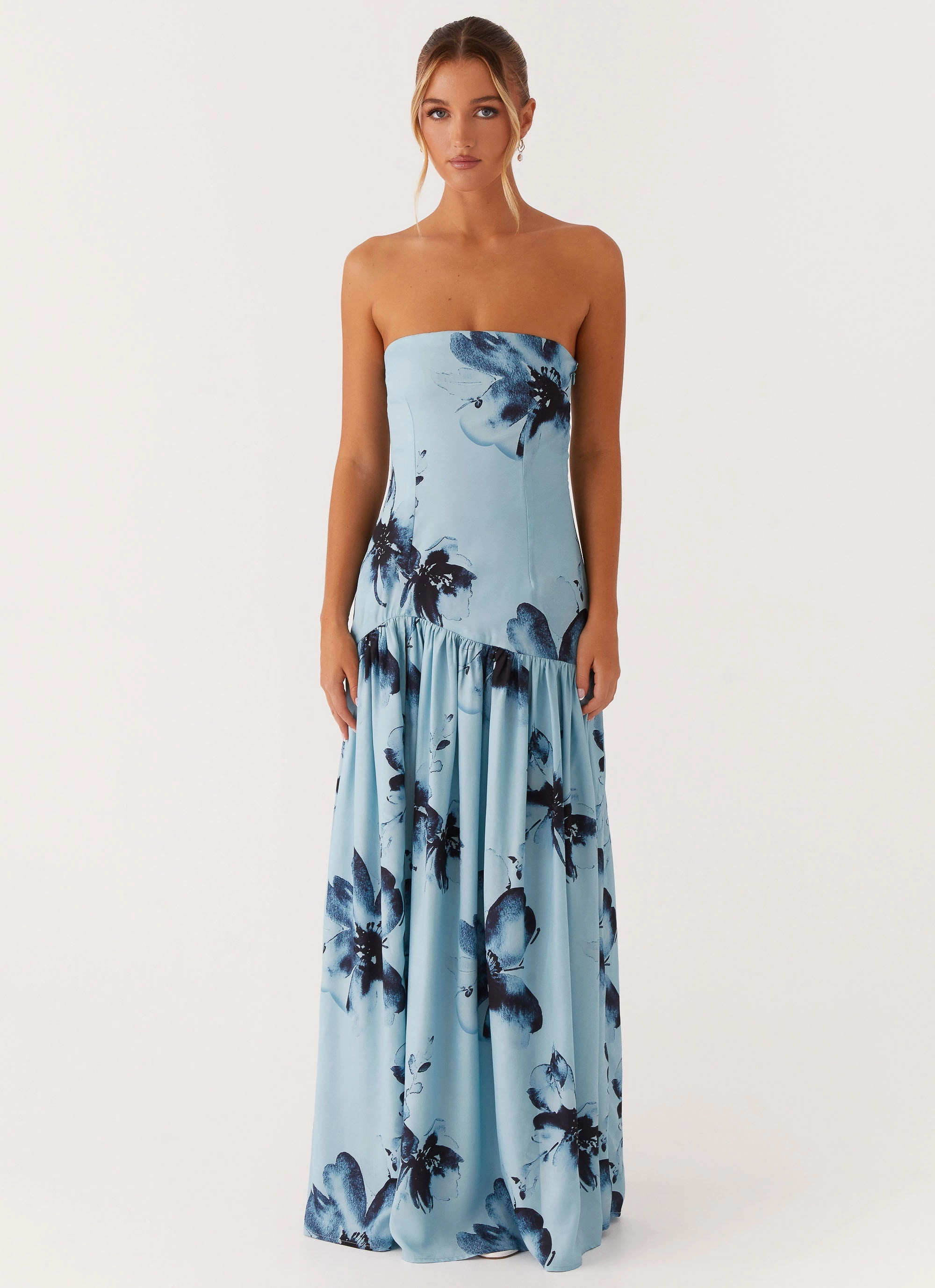 Eden Strapless Maxi Dress - Blue Black Floral Fashionable Cut Happy Scent