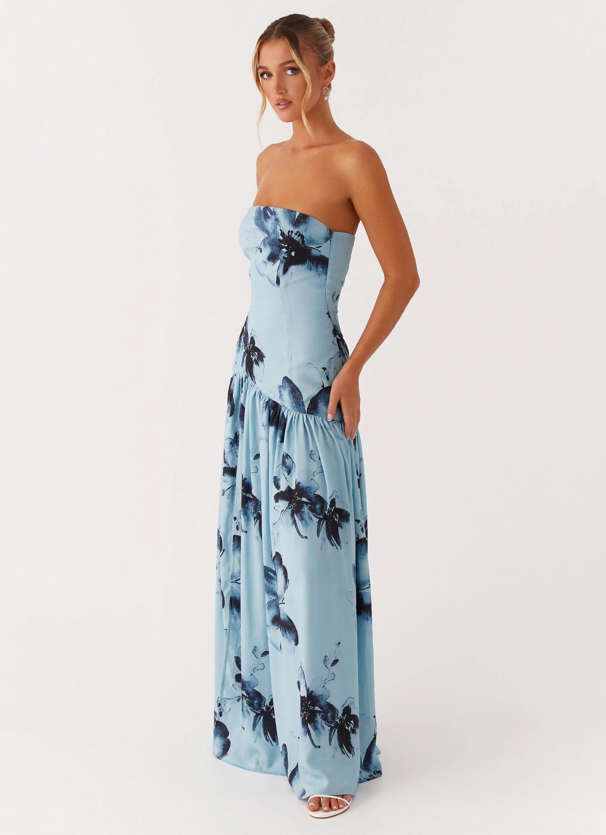 Ruffle Detail Lightweight Wear Eden Strapless Maxi Dress - Blue Black Floral