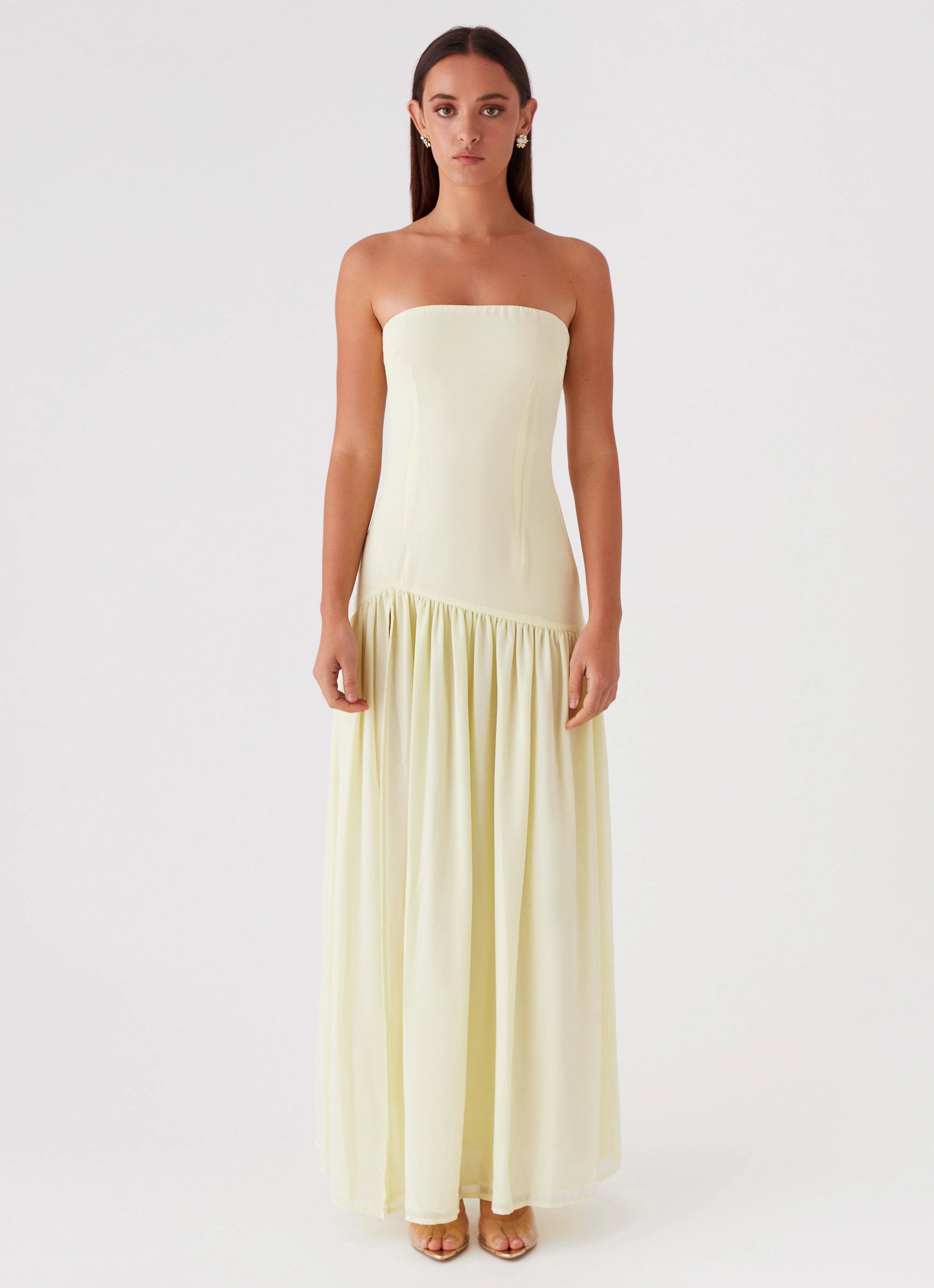 V Neckline Party Floral Eden Strapless Maxi Dress - Yellow