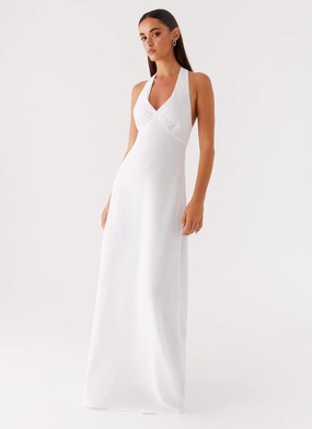 Tailored Fit V Neckline Heavy Hearted Linen Maxi Dress - White