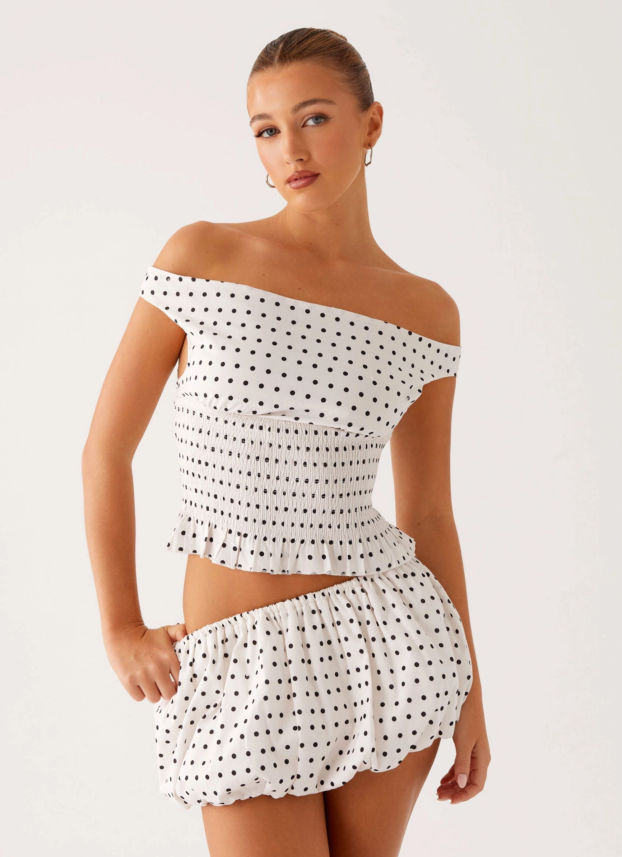 Heather Off Shoulder Top - White Black Polka Dot Coastal Chic Soft Layering